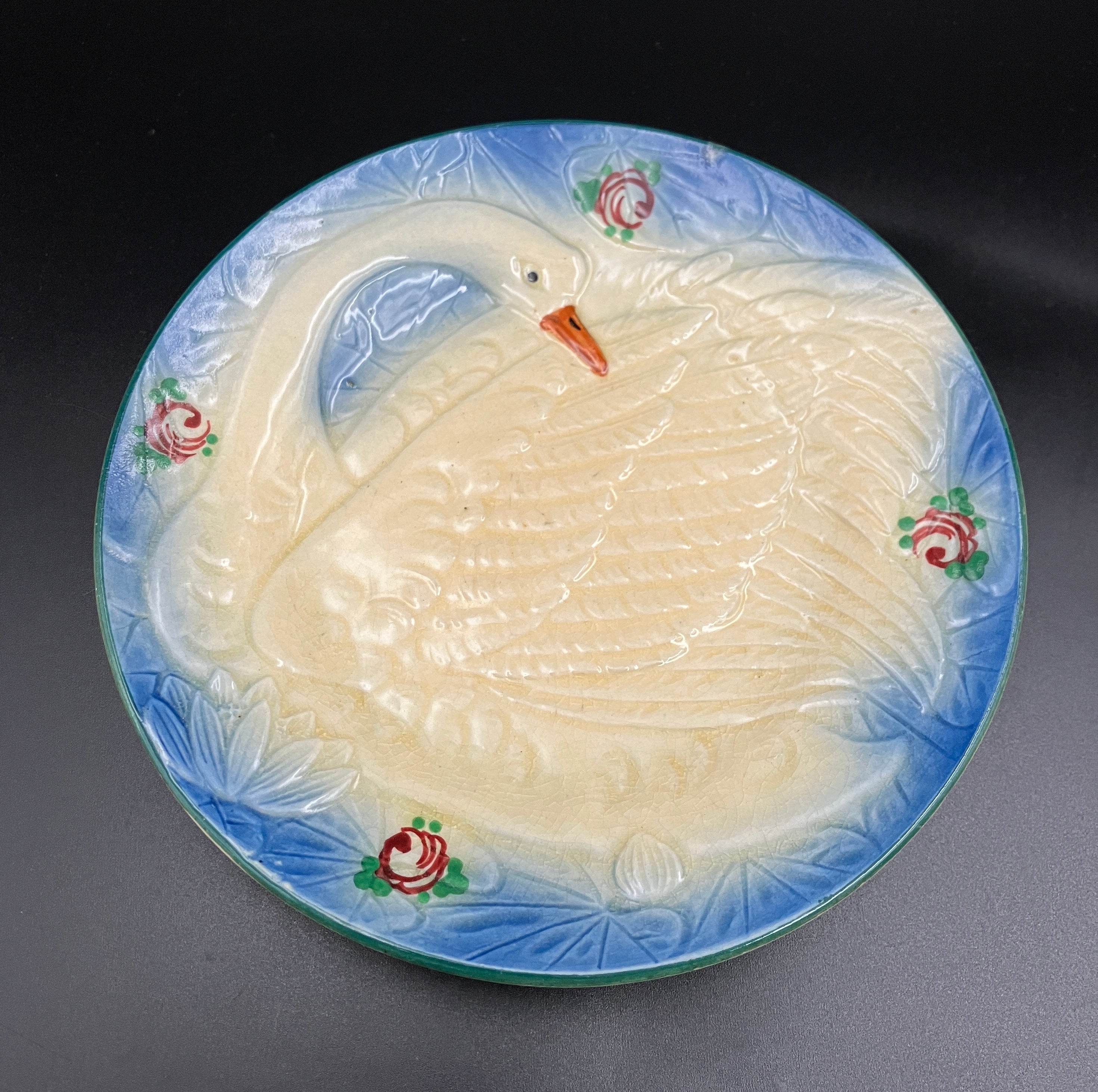 Vintage Marutomoware Swan Plate 1930's Yellow W Pink Roses 15cm Diameter Rare