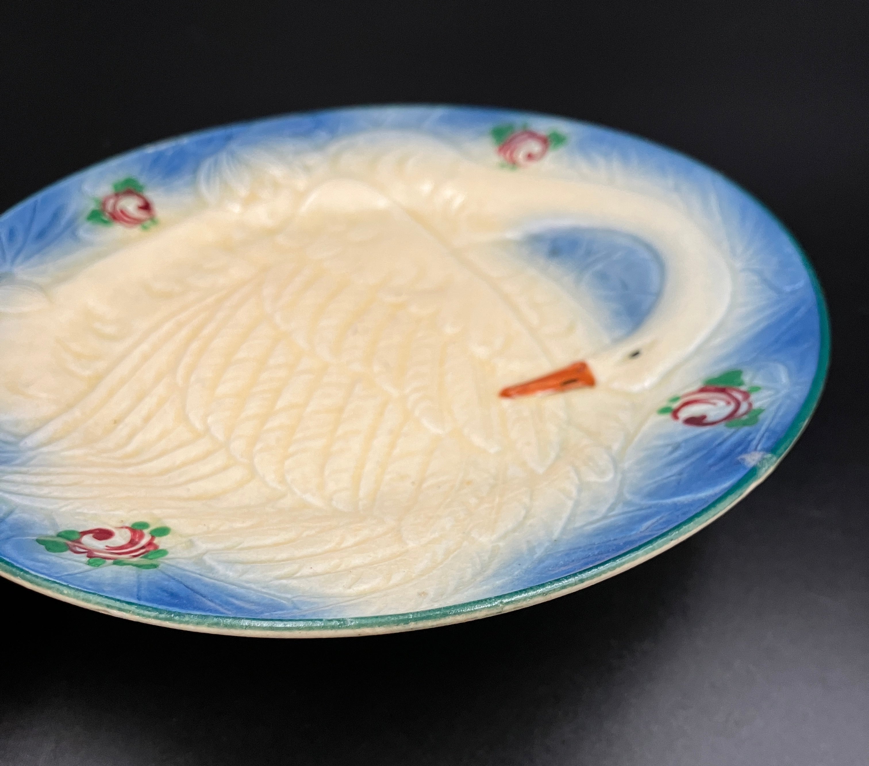 Vintage Marutomoware Swan Plate 1930's Yellow W Pink Roses 15cm Diameter Rare