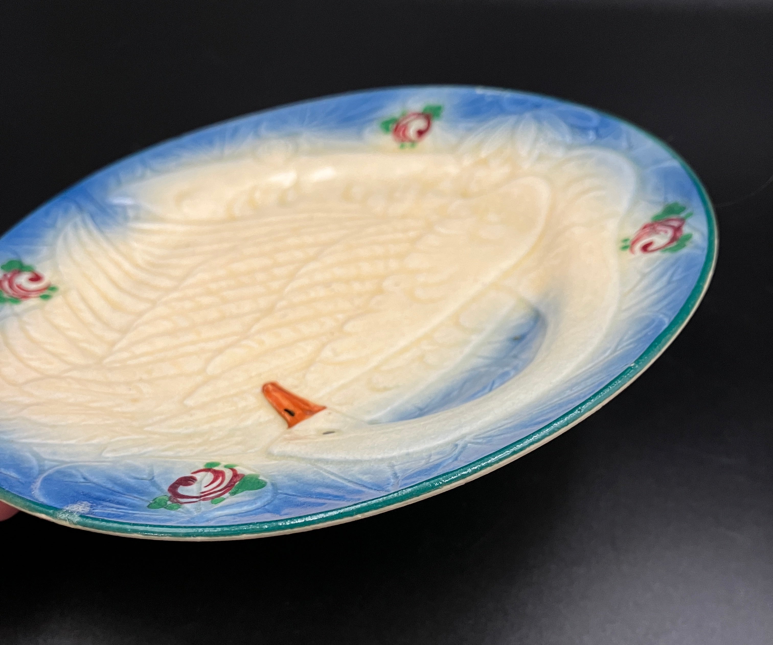 Vintage Marutomoware Swan Plate 1930's Yellow W Pink Roses 15cm Diameter Rare