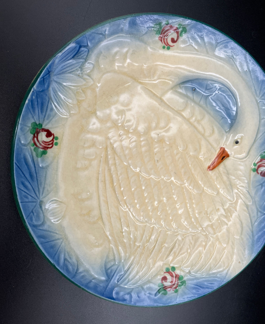 Vintage Marutomoware Swan Plate 1930's Yellow W Pink Roses 15cm Diameter Rare