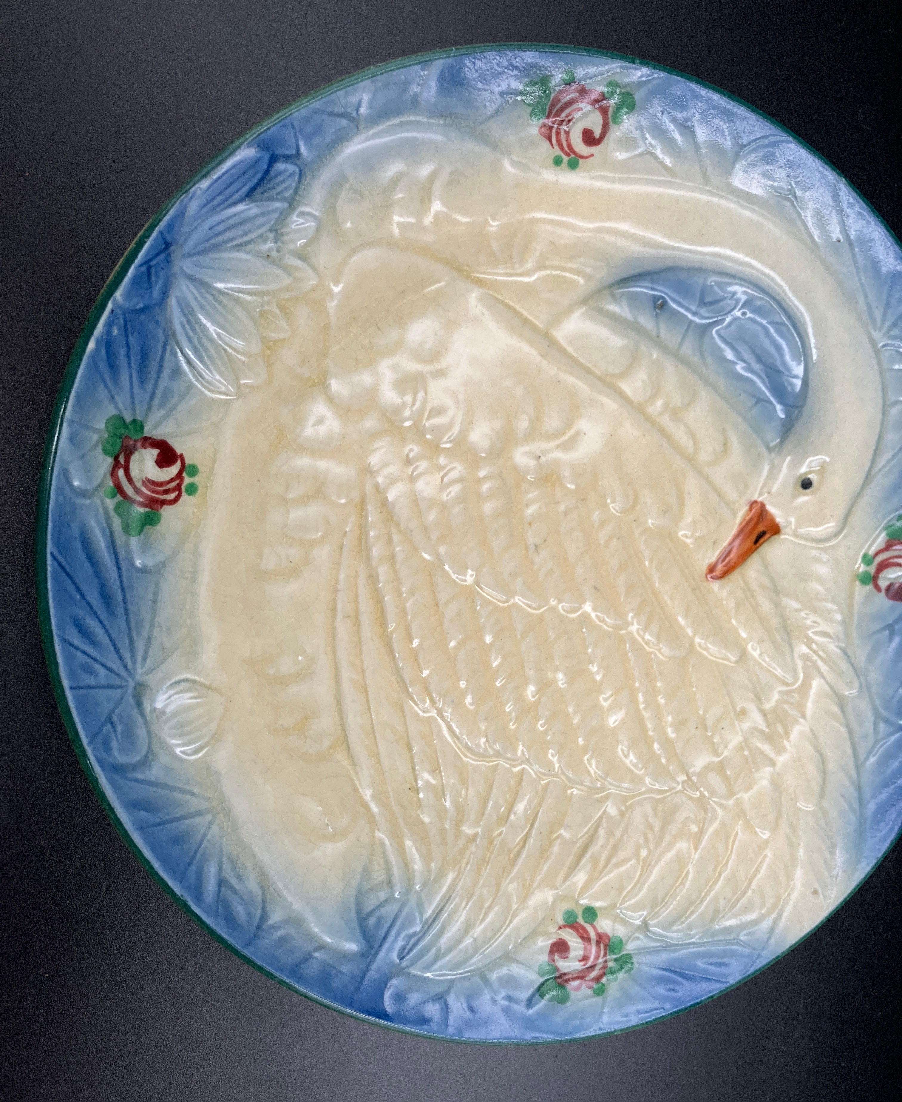 Vintage Marutomoware Swan Plate 1930's Yellow W Pink Roses 15cm Diameter Rare