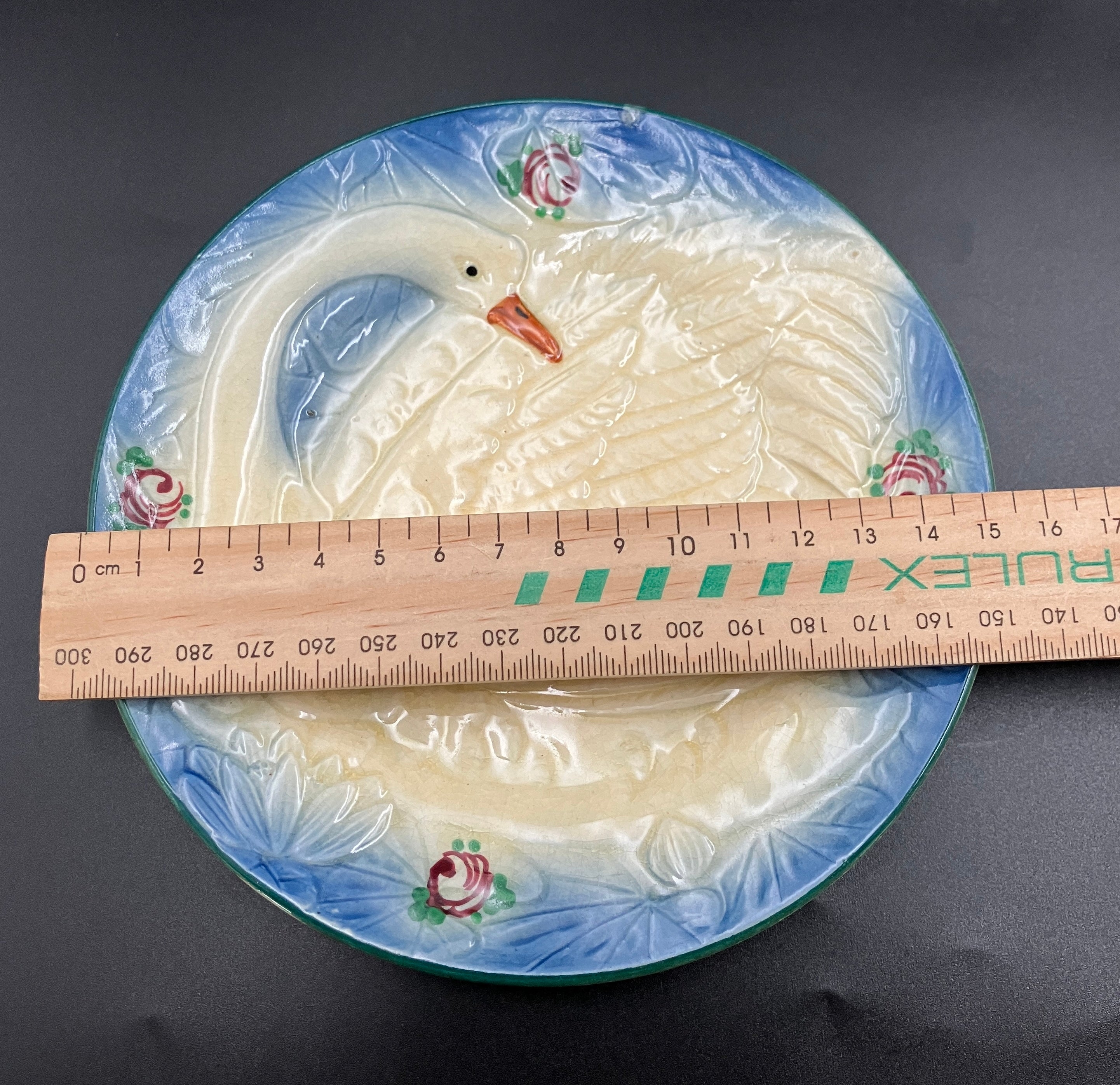 Vintage Marutomoware Swan Plate 1930's Yellow W Pink Roses 15cm Diameter Rare