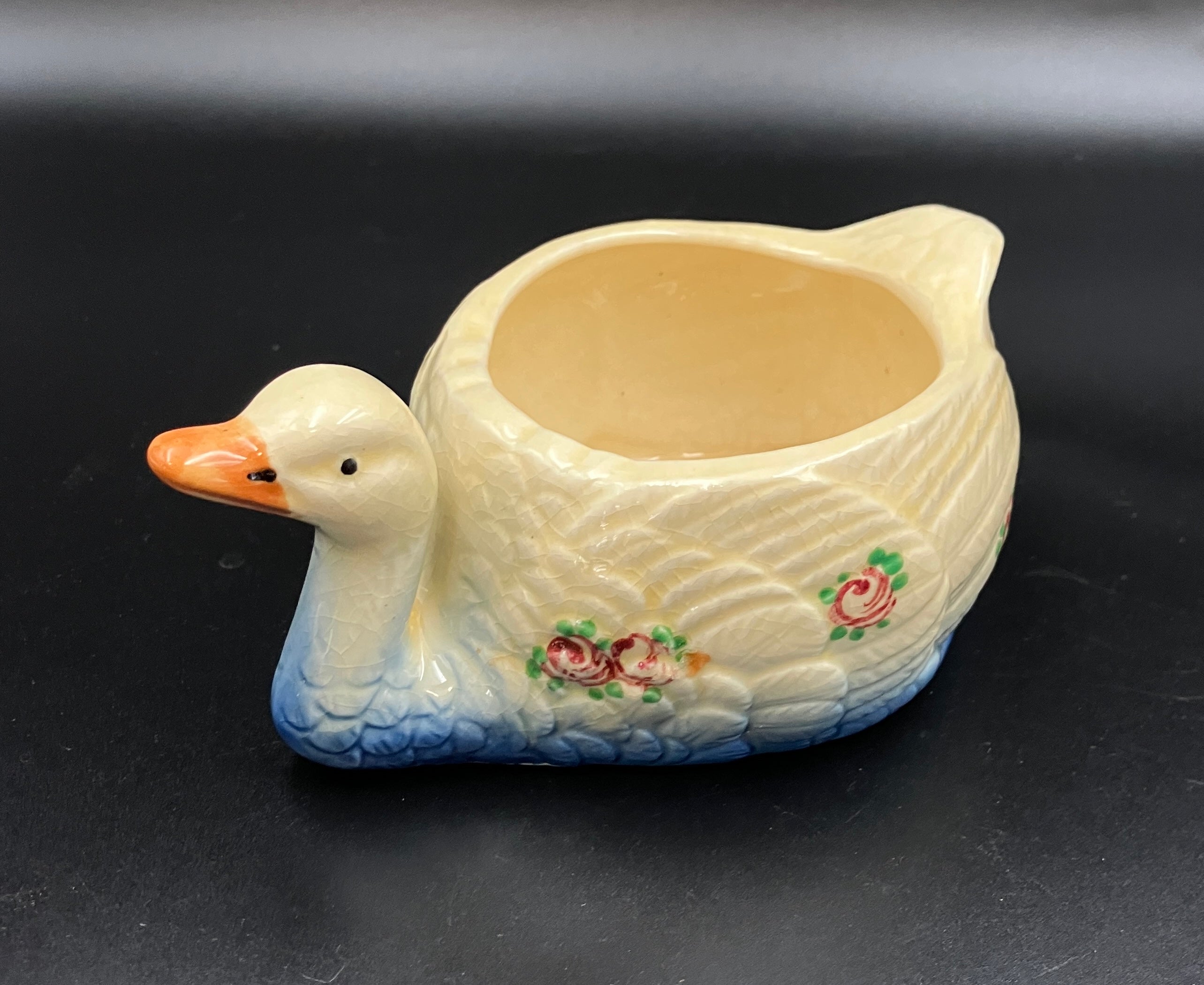Vintage Marutomoware Swan Bowl 1930's Yellow With Pink Roses Rare