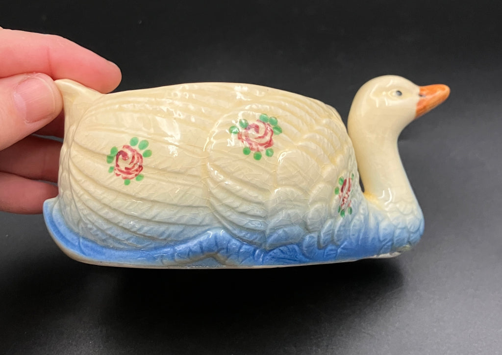 Vintage Marutomoware Swan Bowl 1930's Yellow With Pink Roses Rare