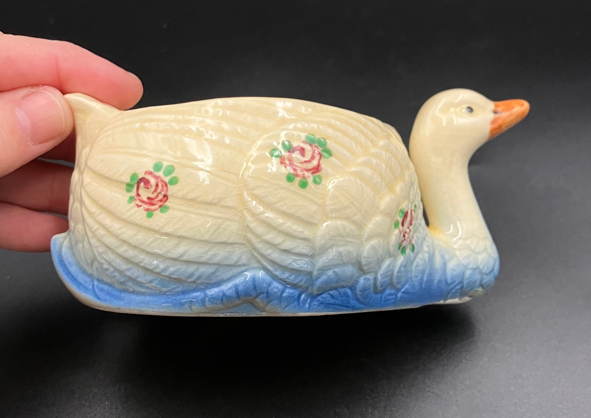 Vintage Marutomoware Swan Bowl 1930's Yellow With Pink Roses Rare