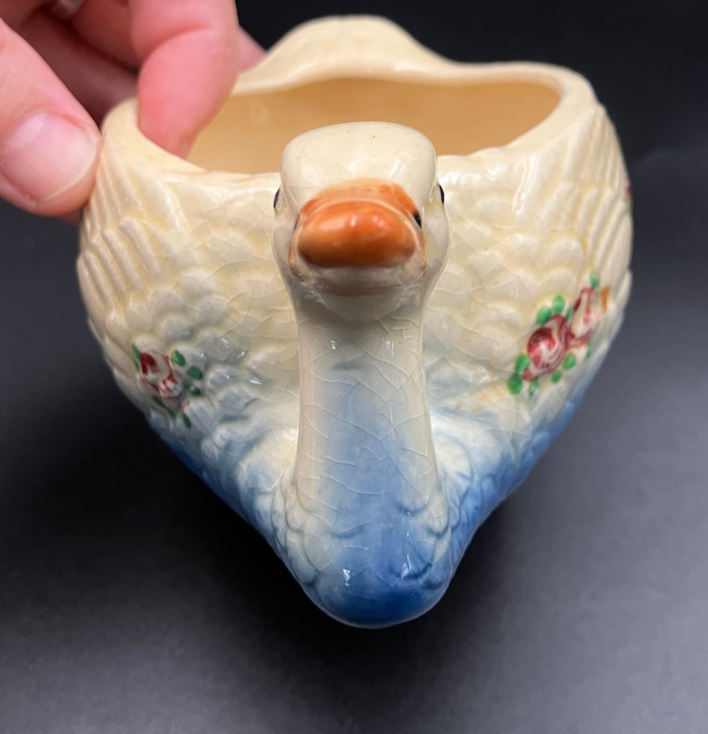 Vintage Marutomoware Swan Bowl 1930's Yellow With Pink Roses Rare