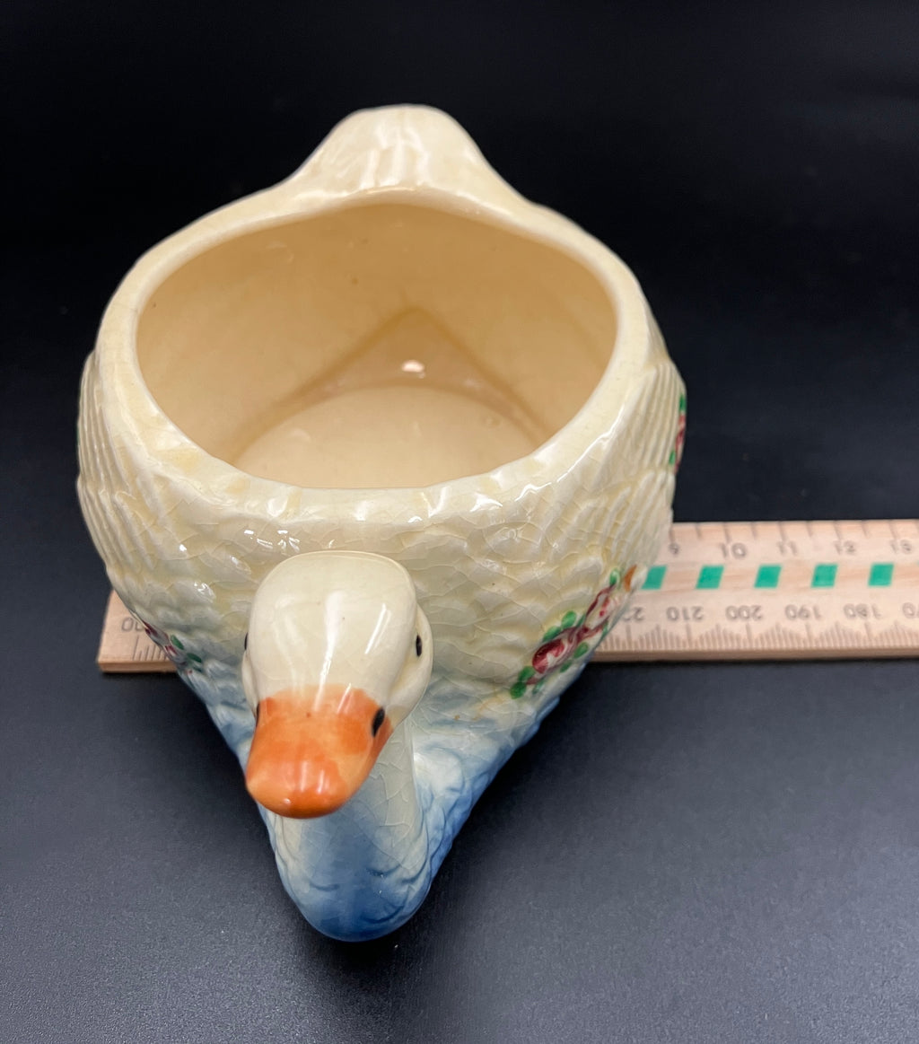 Vintage Marutomoware Swan Bowl 1930's Yellow With Pink Roses Rare