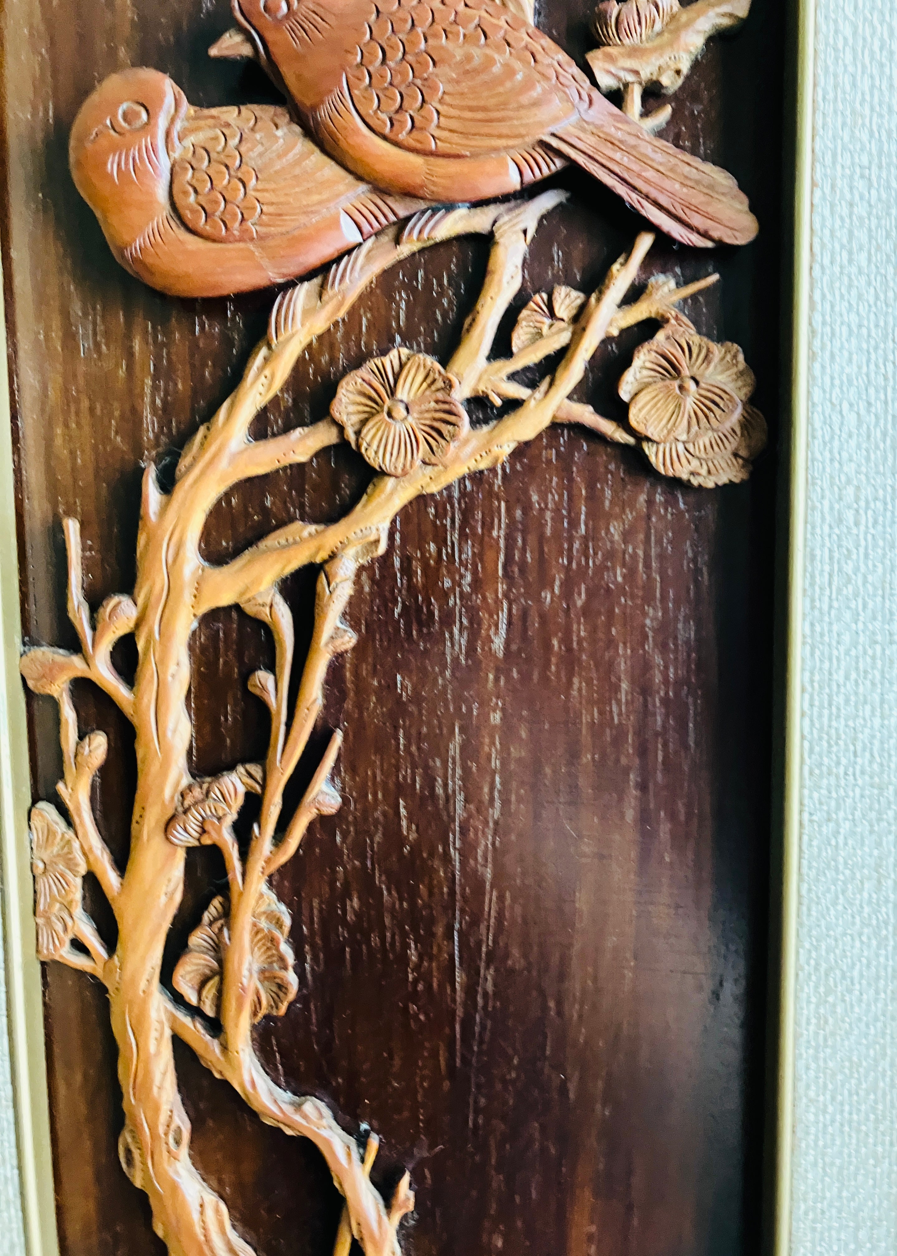 Mid Century Modern Teak Carved Silhouette Straw Wall Art Birds & Blossom 94cm L