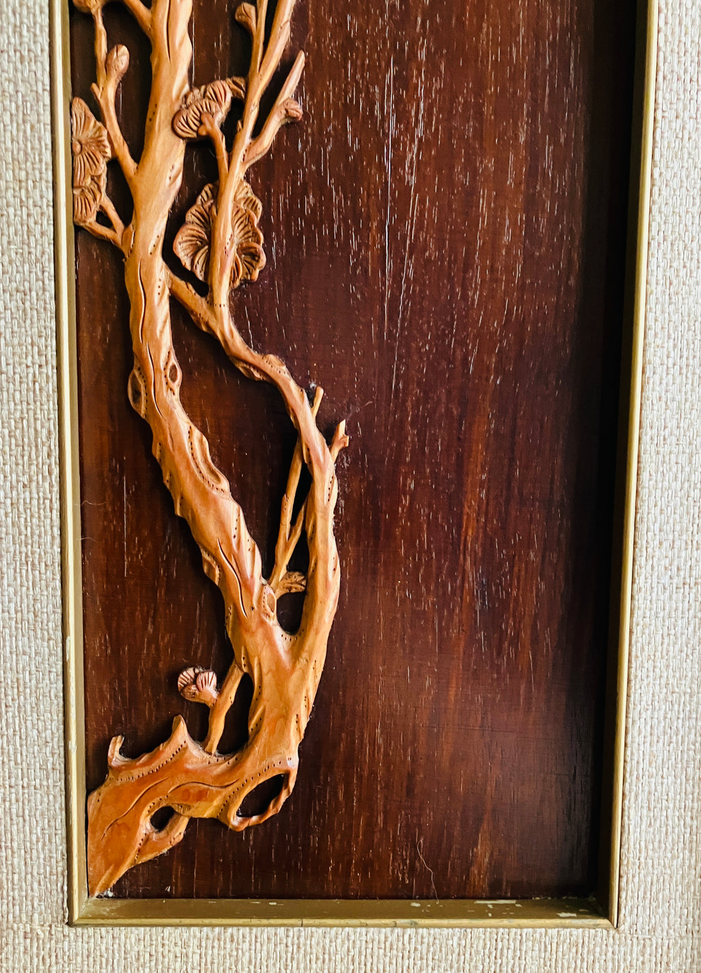 Mid Century Modern Teak Carved Silhouette Straw Wall Art Birds & Blossom 94cm L