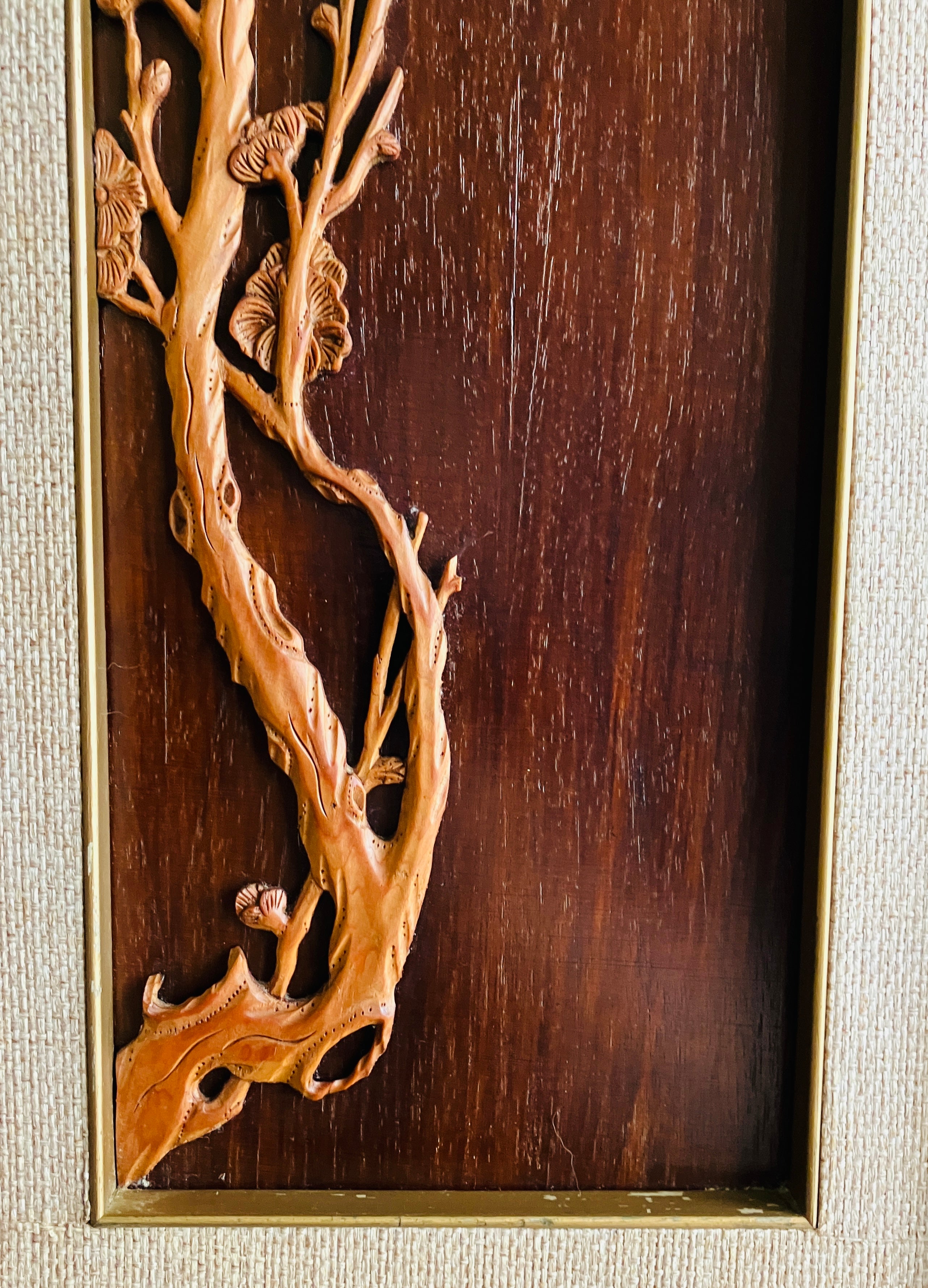 Mid Century Modern Teak Carved Silhouette Straw Wall Art Birds & Blossom 94cm L