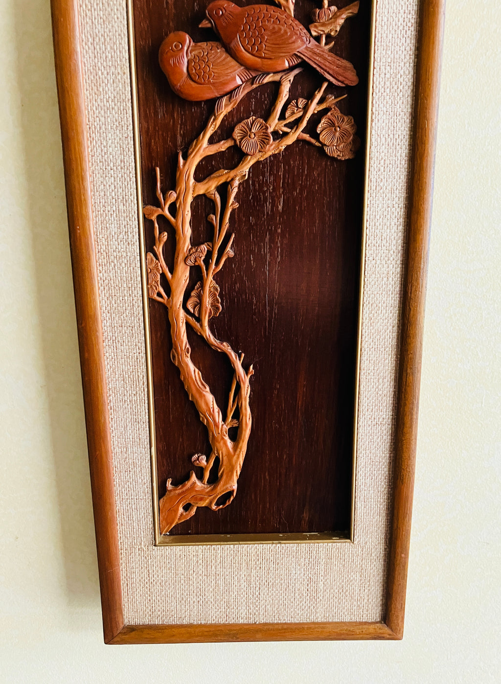 Mid Century Modern Teak Carved Silhouette Straw Wall Art Birds & Blossom 94cm L
