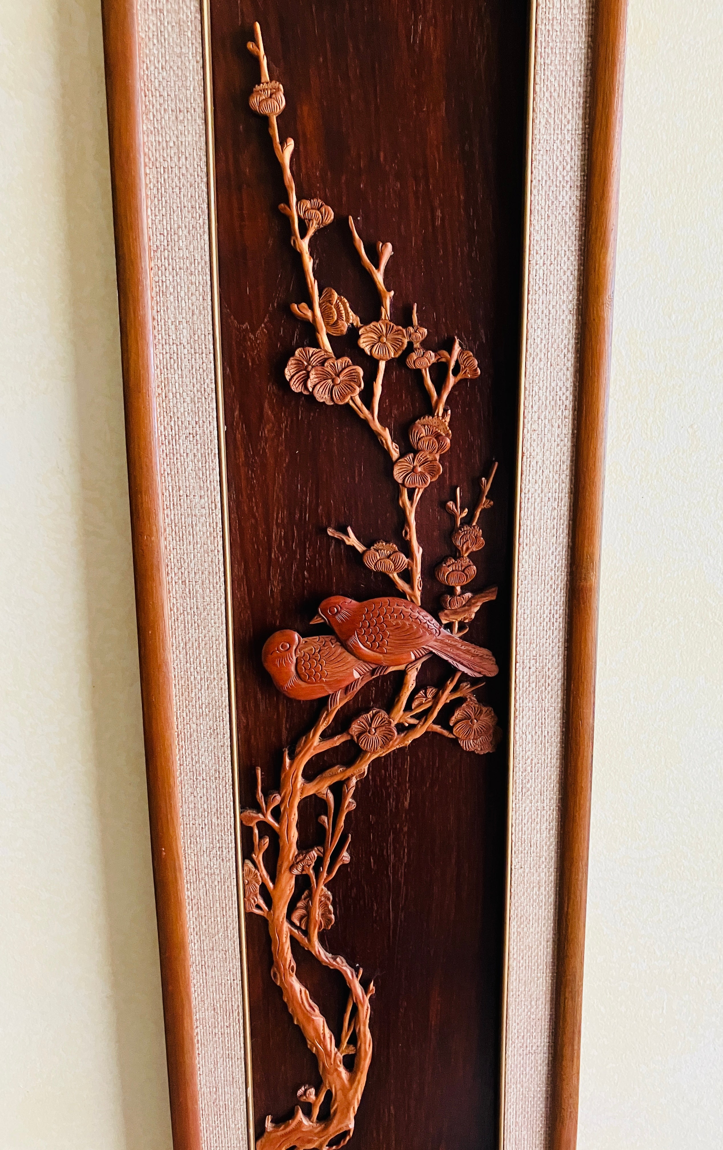Mid Century Modern Teak Carved Silhouette Straw Wall Art Birds & Blossom 94cm L