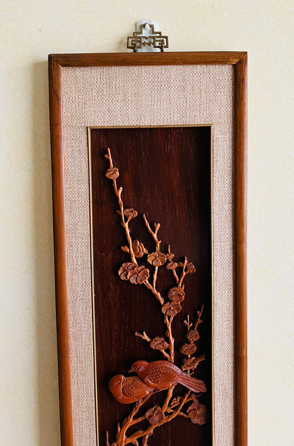 Mid Century Modern Teak Carved Silhouette Straw Wall Art Birds & Blossom 94cm L