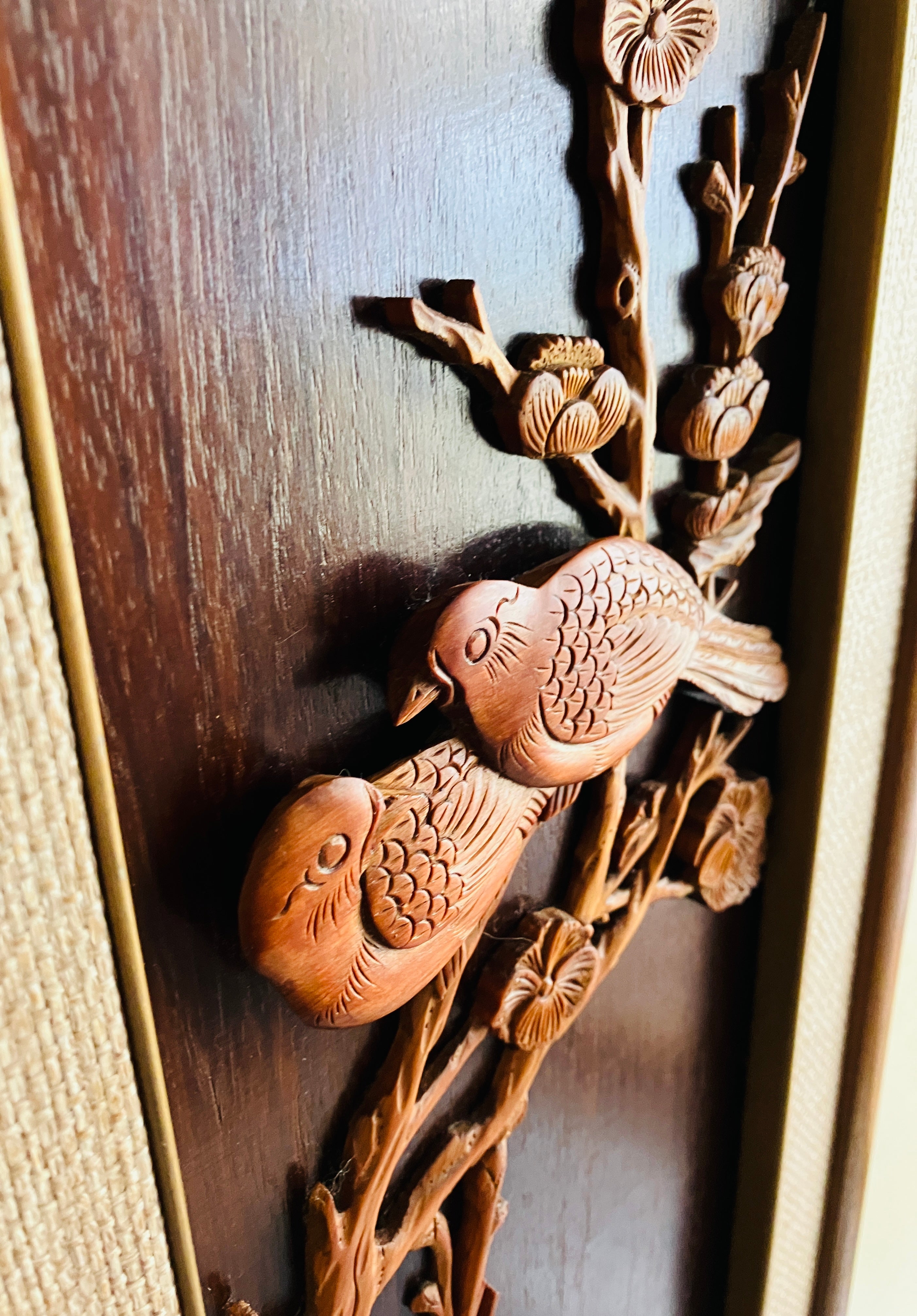 Mid Century Modern Teak Carved Silhouette Straw Wall Art Birds & Blossom 94cm L