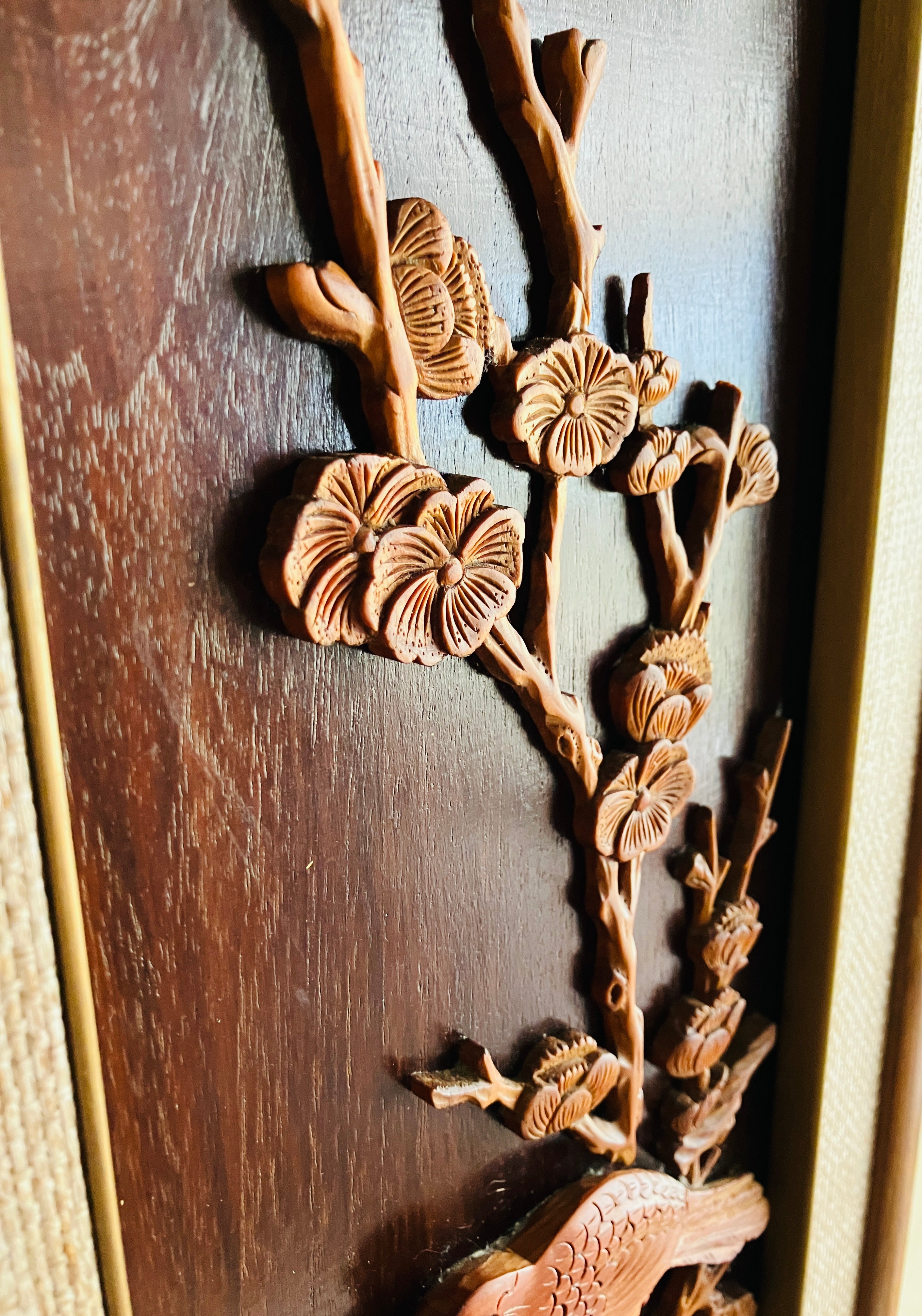 Mid Century Modern Teak Carved Silhouette Straw Wall Art Birds & Blossom 94cm L