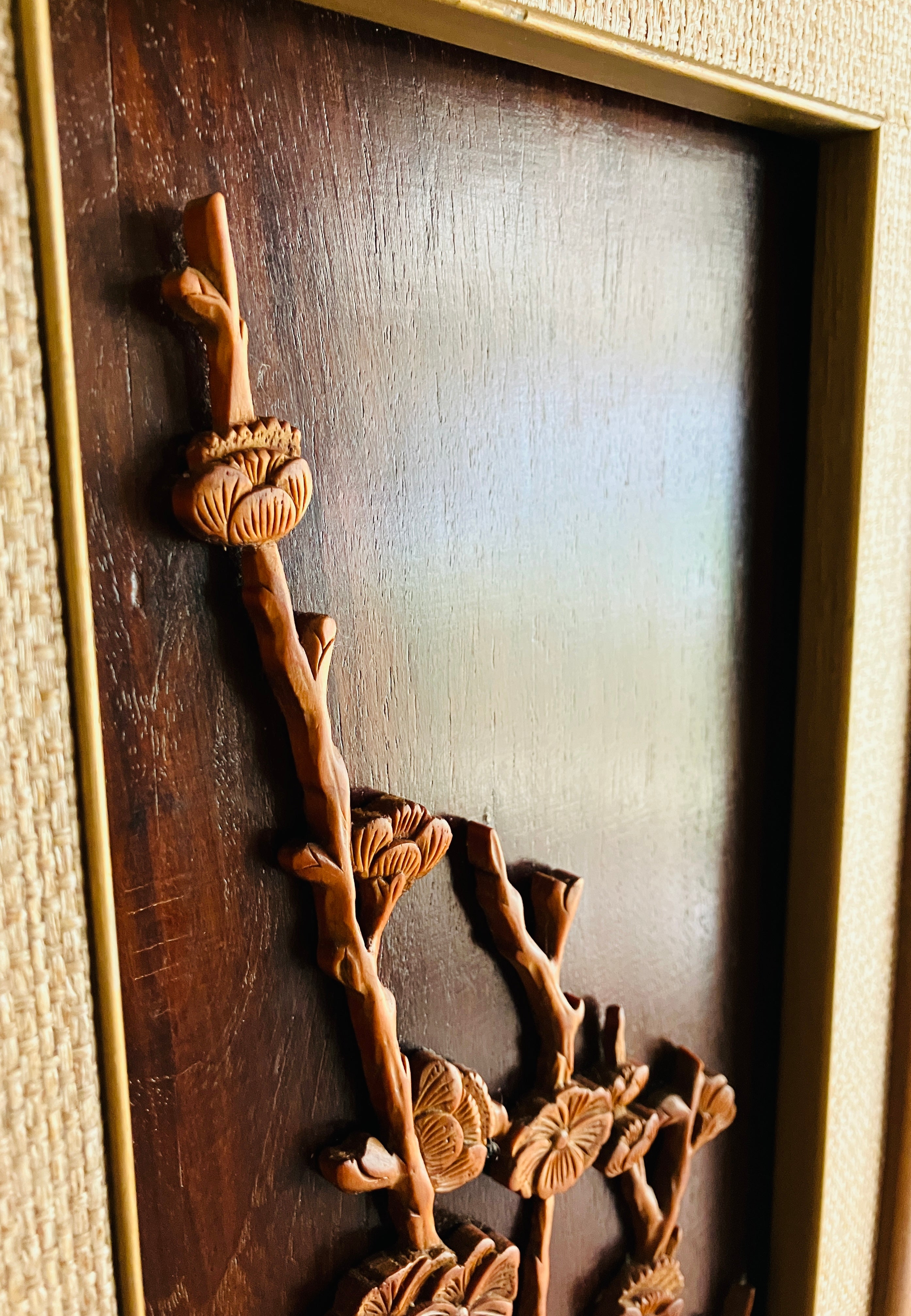 Mid Century Modern Teak Carved Silhouette Straw Wall Art Birds & Blossom 94cm L