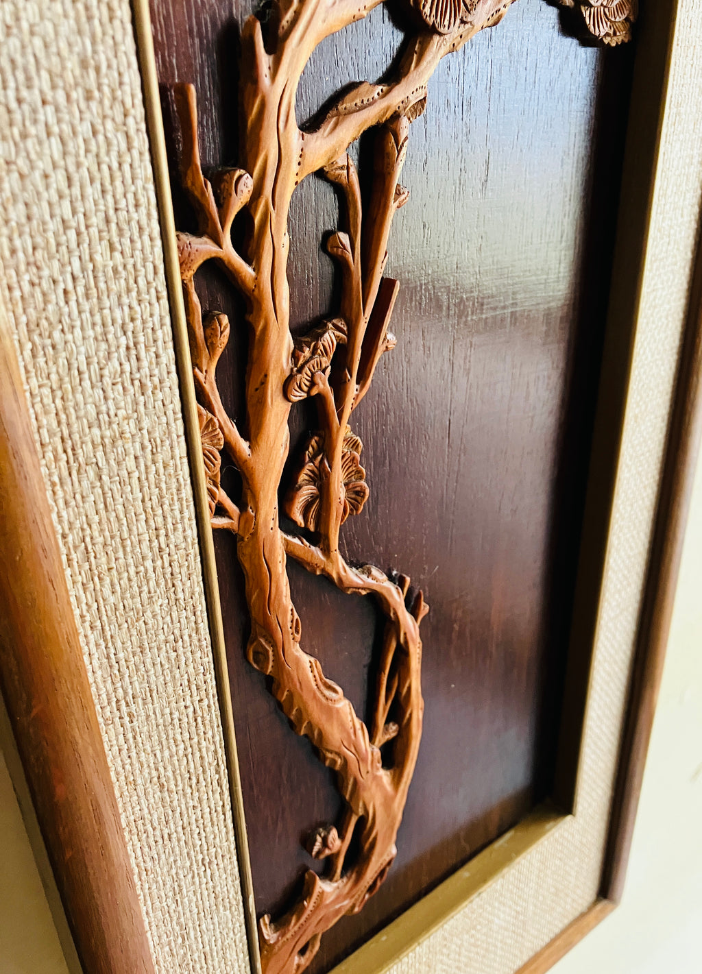 Mid Century Modern Teak Carved Silhouette Straw Wall Art Birds & Blossom 94cm L