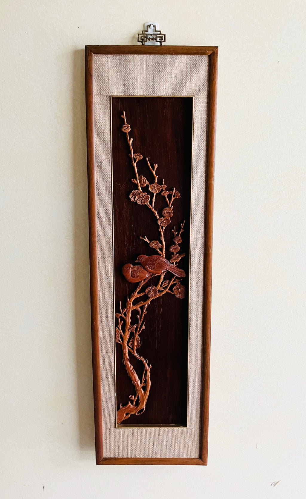 Mid Century Modern Teak Carved Silhouette Straw Wall Art Birds & Blossom 94cm L