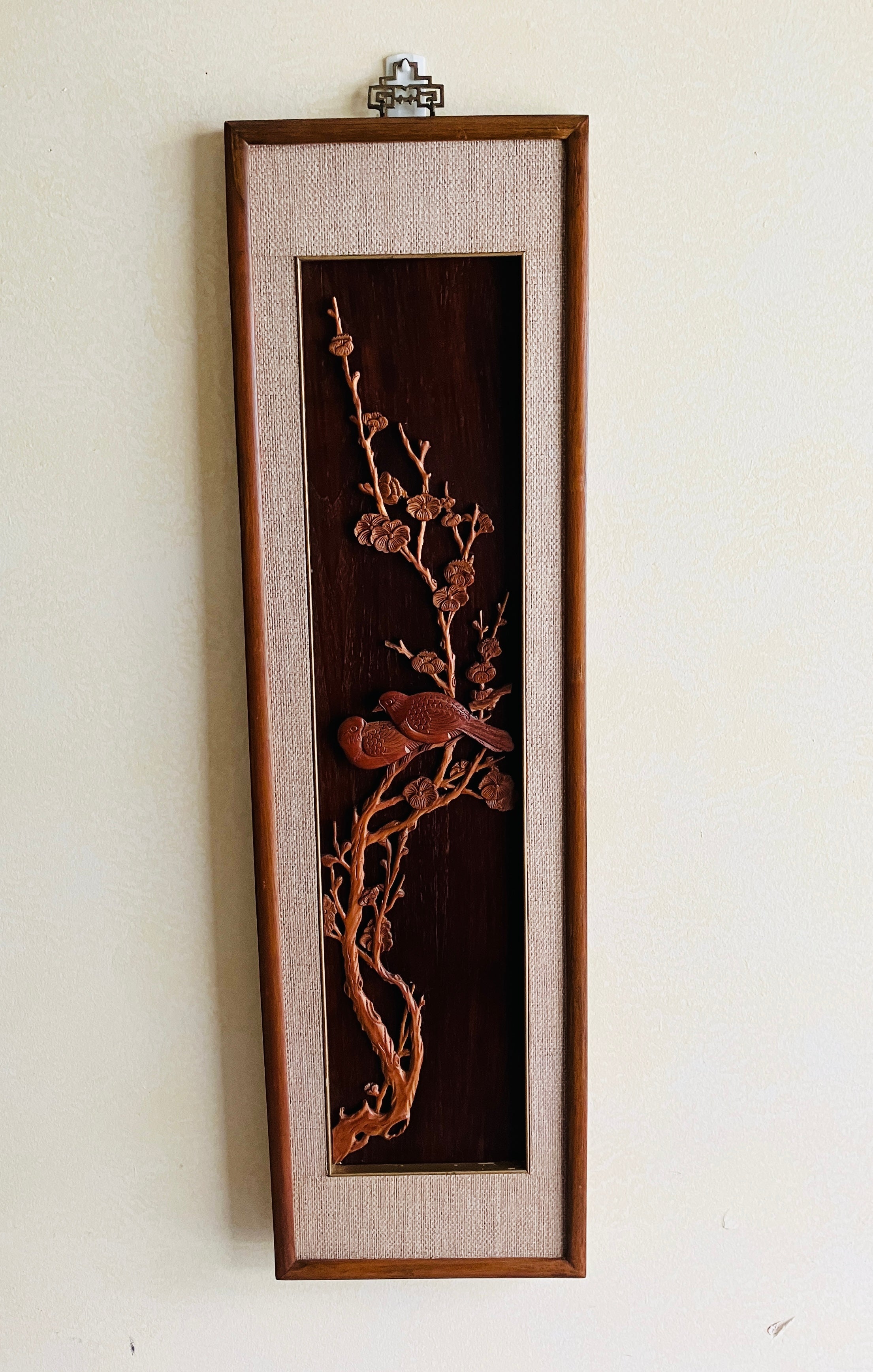 Mid Century Modern Teak Carved Silhouette Straw Wall Art Birds & Blossom 94cm L