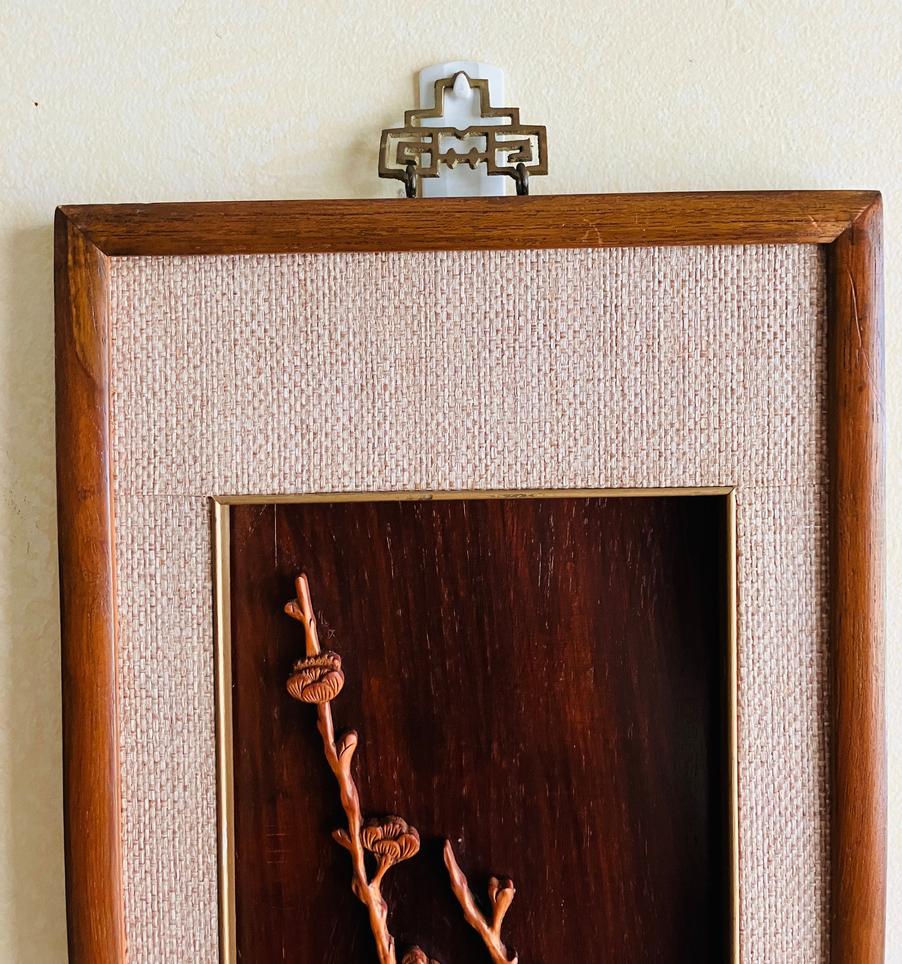 Mid Century Modern Teak Carved Silhouette Straw Wall Art Birds & Blossom 94cm L