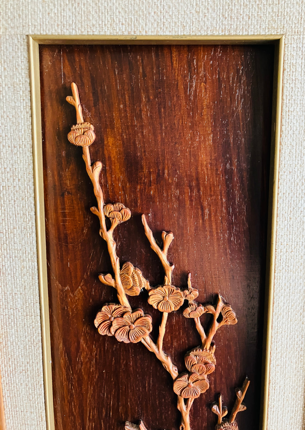 Mid Century Modern Teak Carved Silhouette Straw Wall Art Birds & Blossom 94cm L