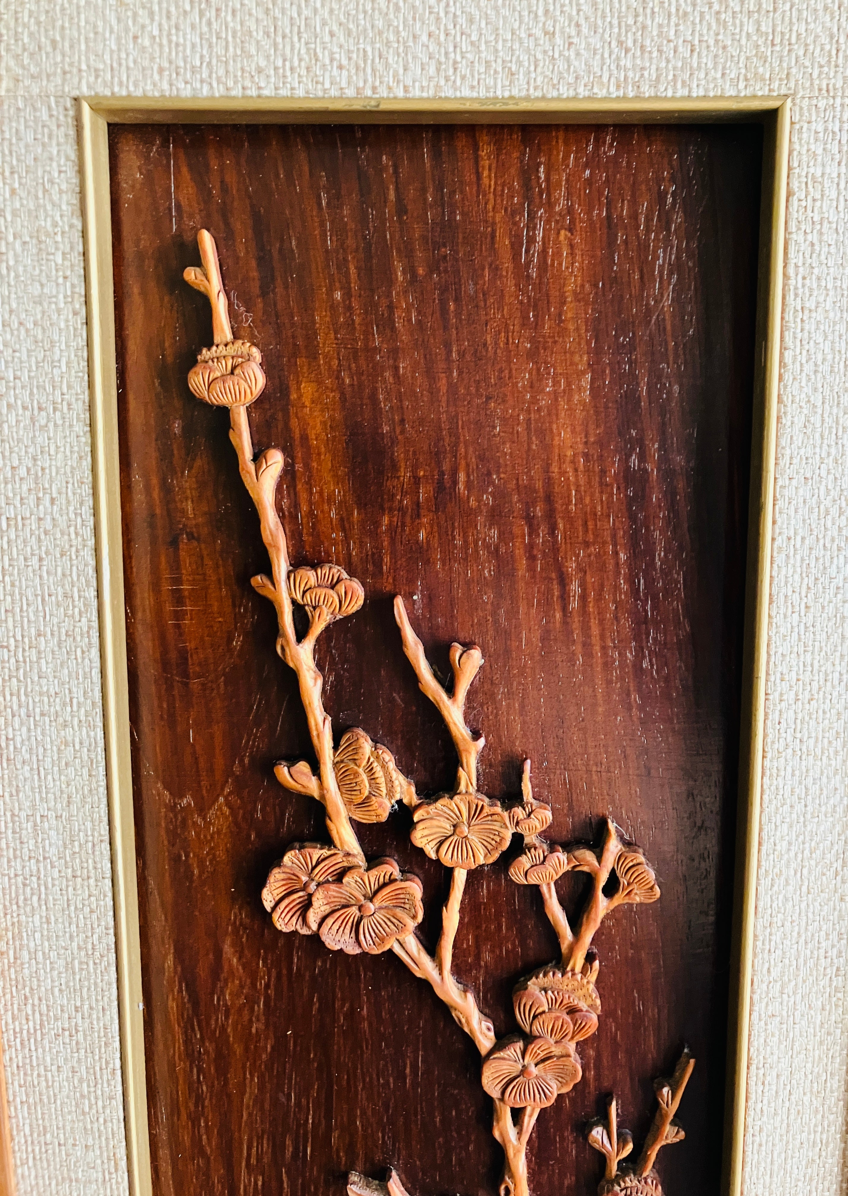 Mid Century Modern Teak Carved Silhouette Straw Wall Art Birds & Blossom 94cm L