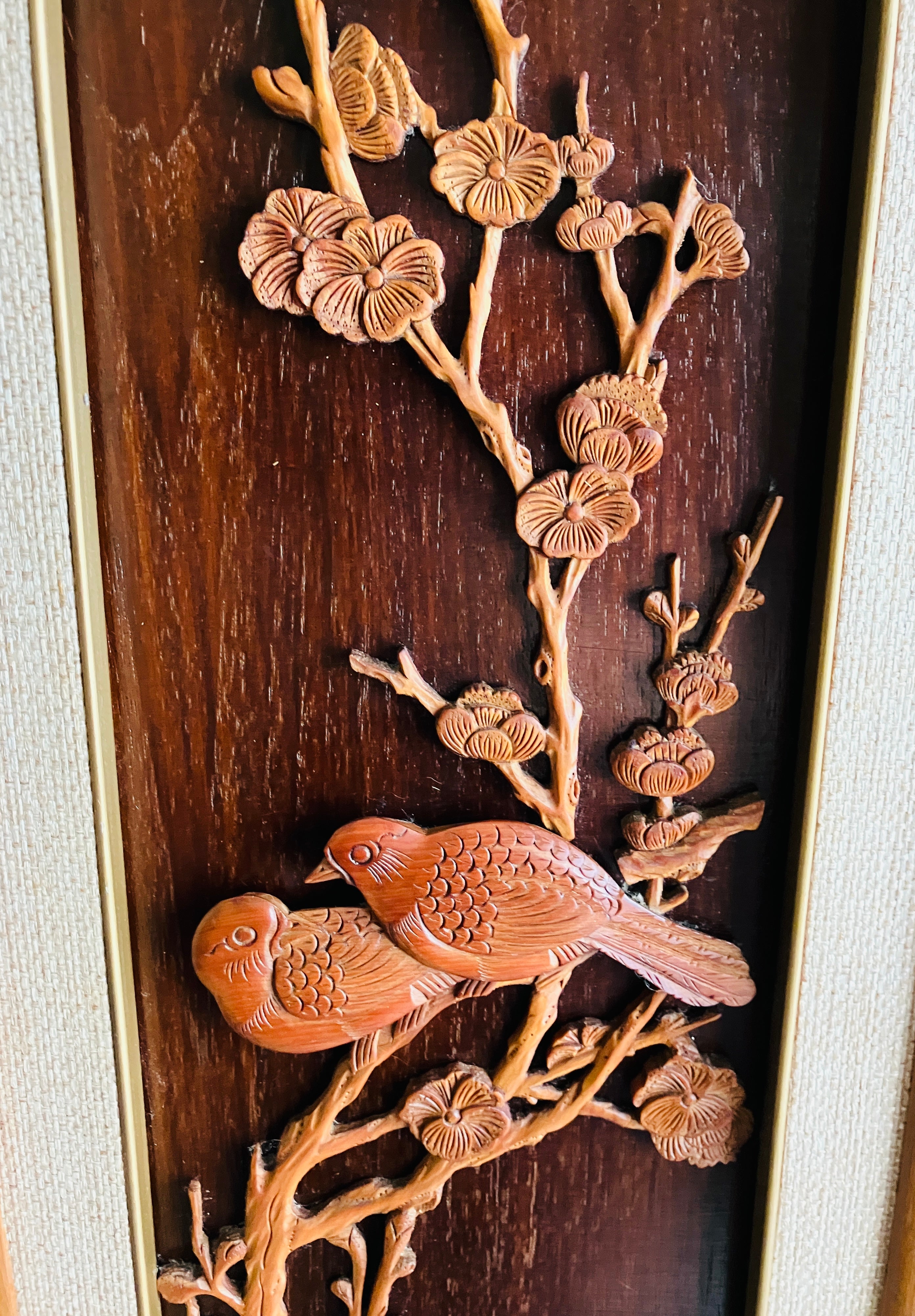 Mid Century Modern Teak Carved Silhouette Straw Wall Art Birds & Blossom 94cm L