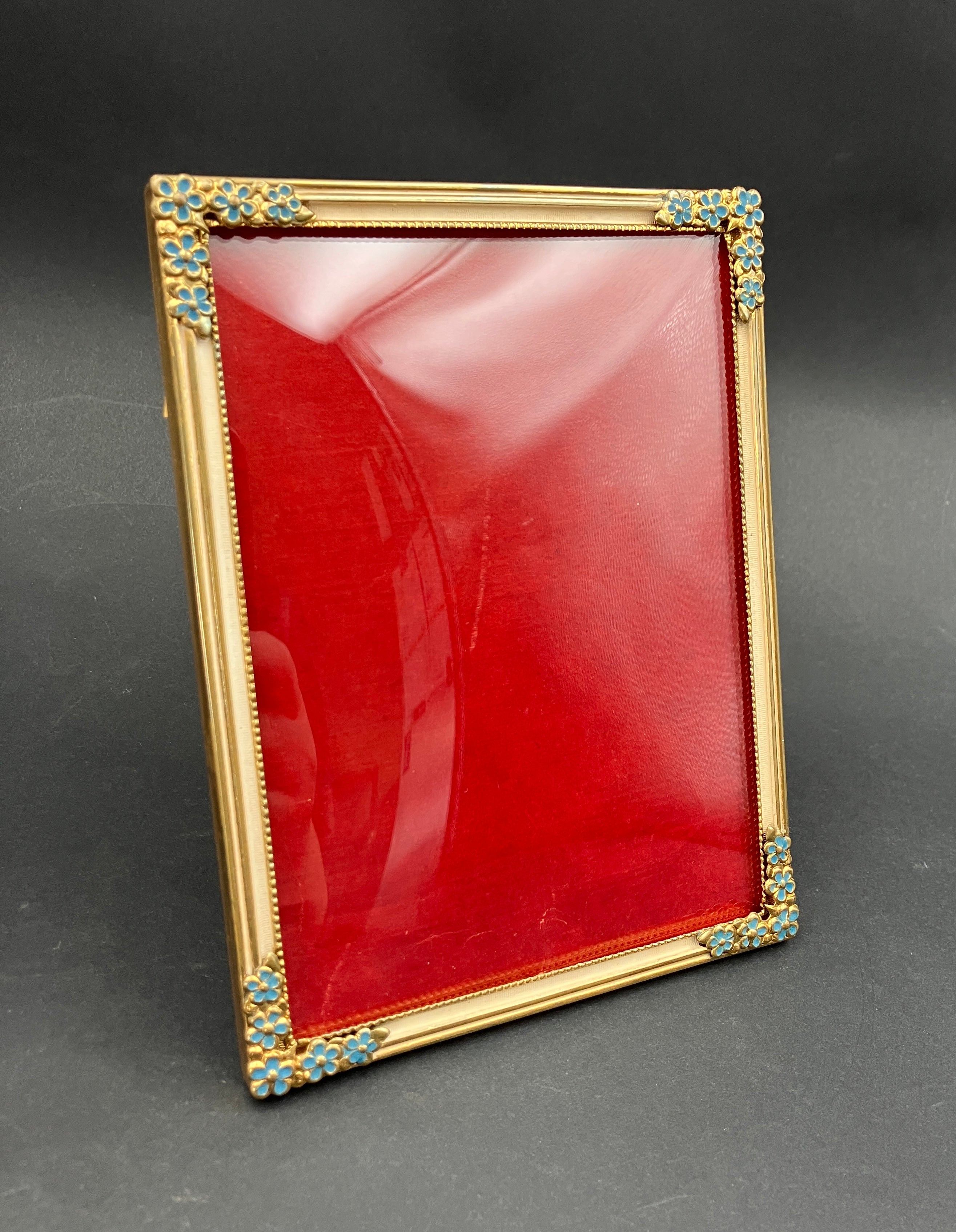 Vintage Brass Frame Convex Glass Blue Flowers On Corners 16.5cm X 12.5cm Rare