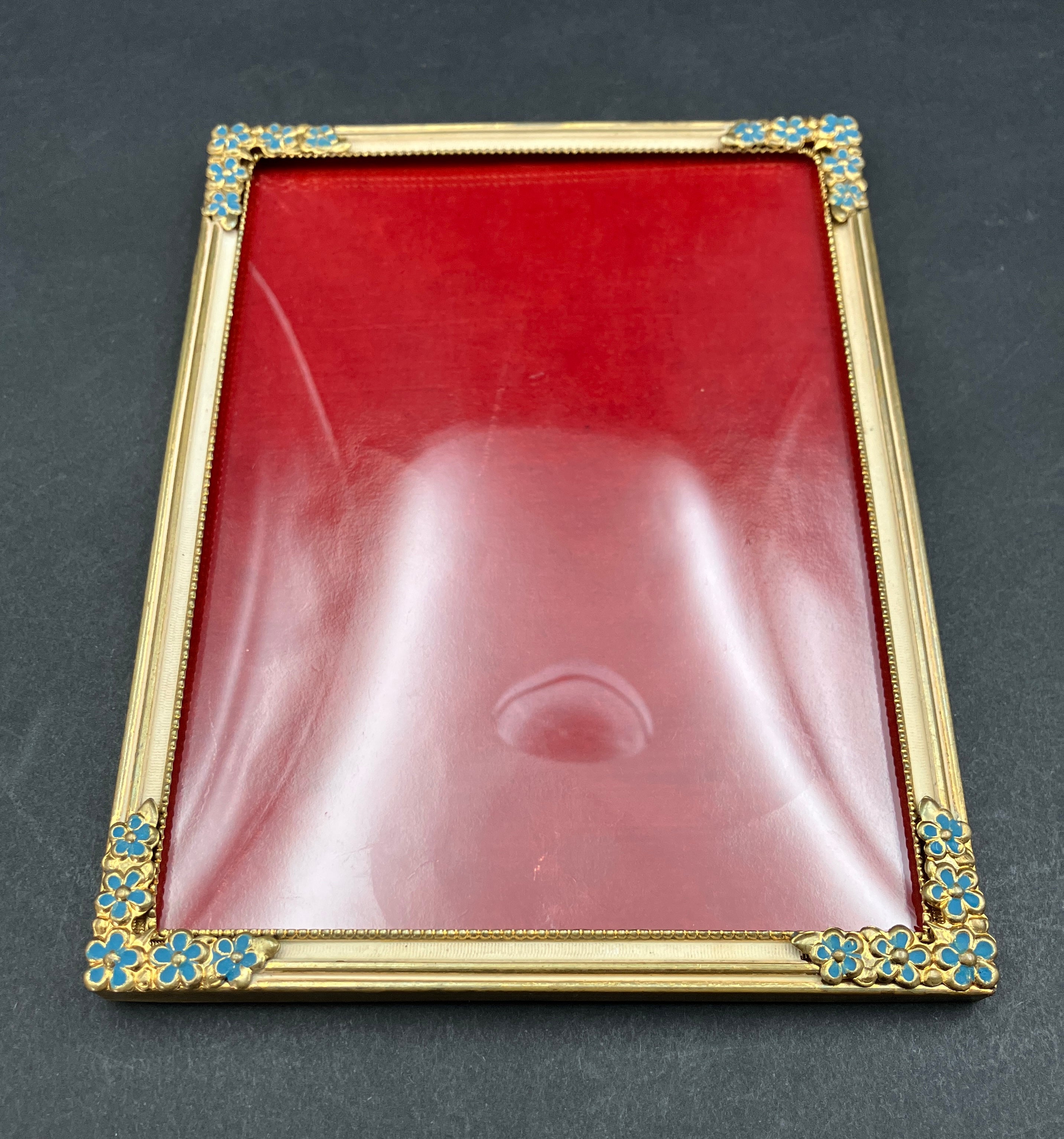 Vintage Brass Frame Convex Glass Blue Flowers On Corners 16.5cm X 12.5cm Rare