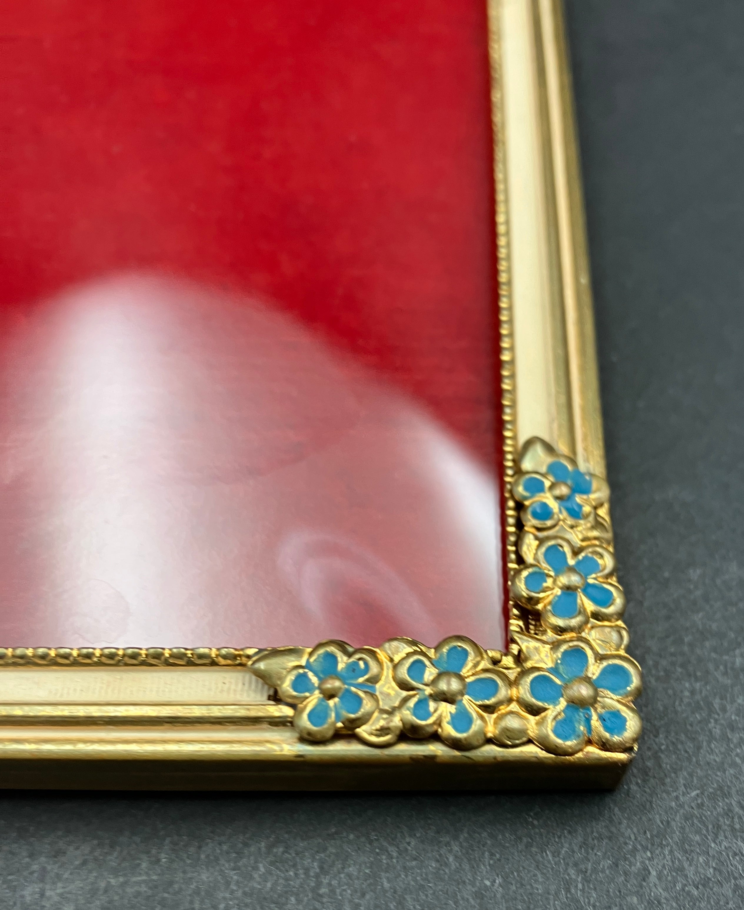 Vintage Brass Frame Convex Glass Blue Flowers On Corners 16.5cm X 12.5cm Rare