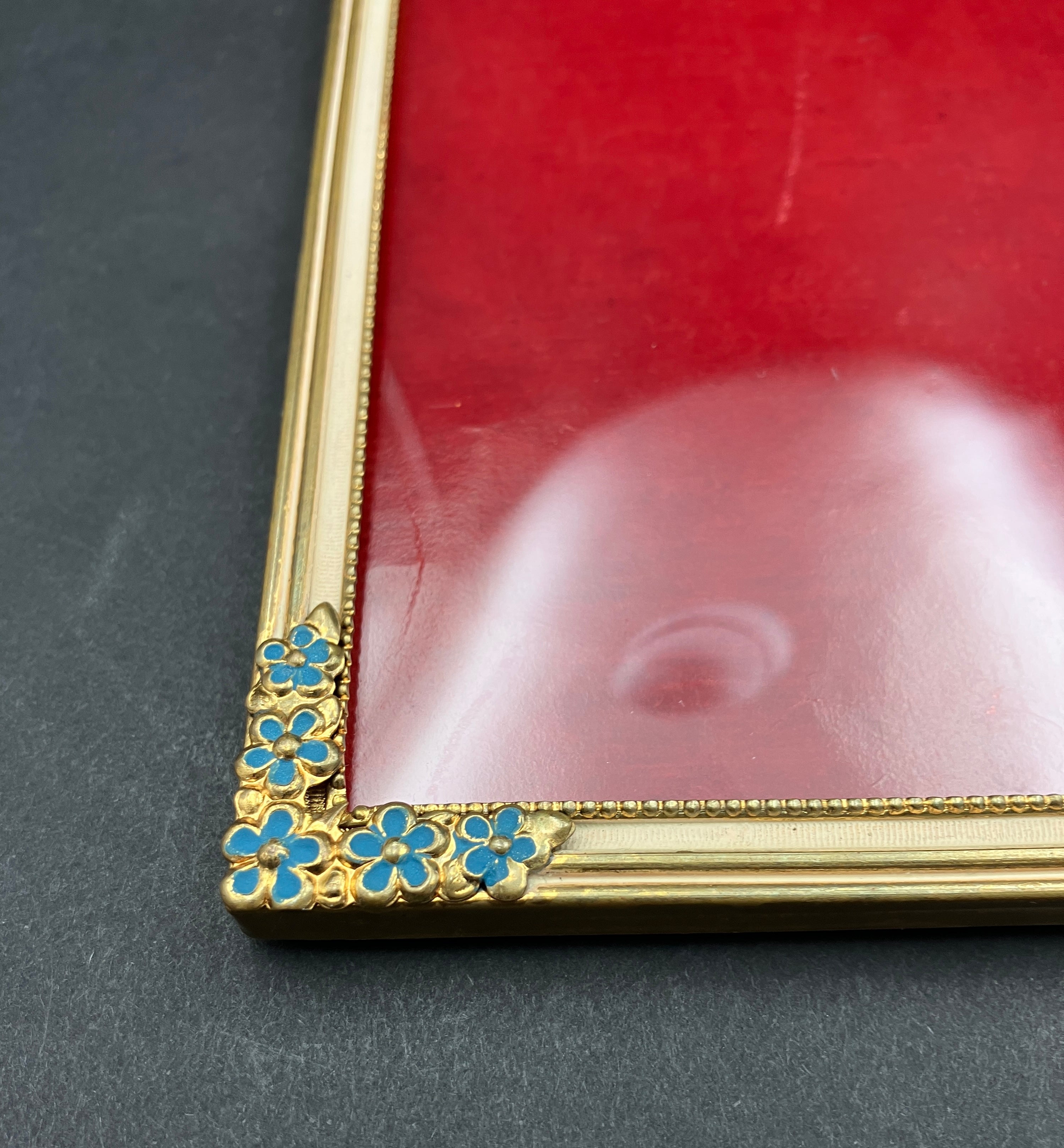 Vintage Brass Frame Convex Glass Blue Flowers On Corners 16.5cm X 12.5cm Rare