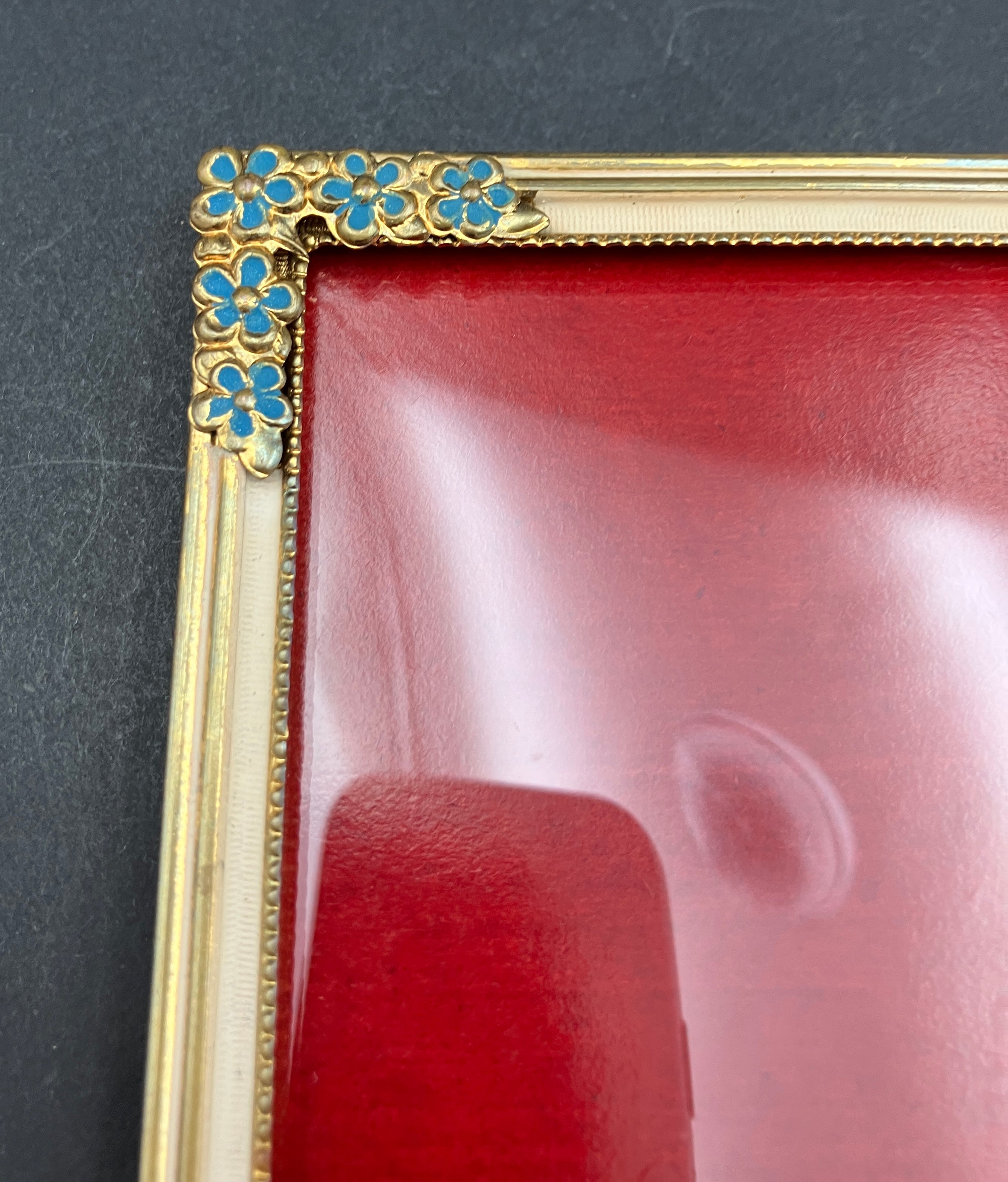 Vintage Brass Frame Convex Glass Blue Flowers On Corners 16.5cm X 12.5cm Rare