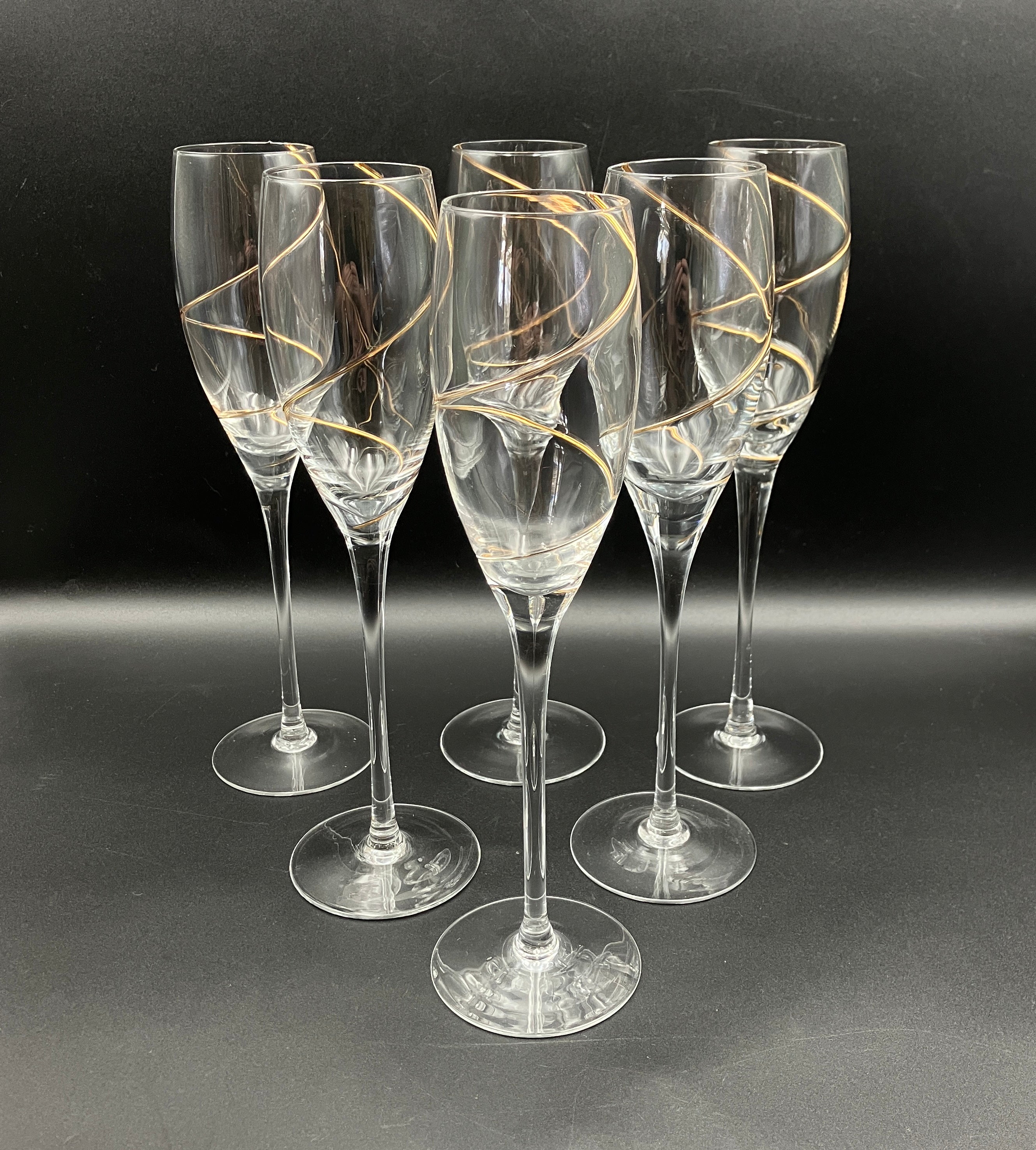 Kosta Boda Line Gold Anna Ehrner TULIP-SHAPE CHAMPAGNE FLUTE Glasses X 6