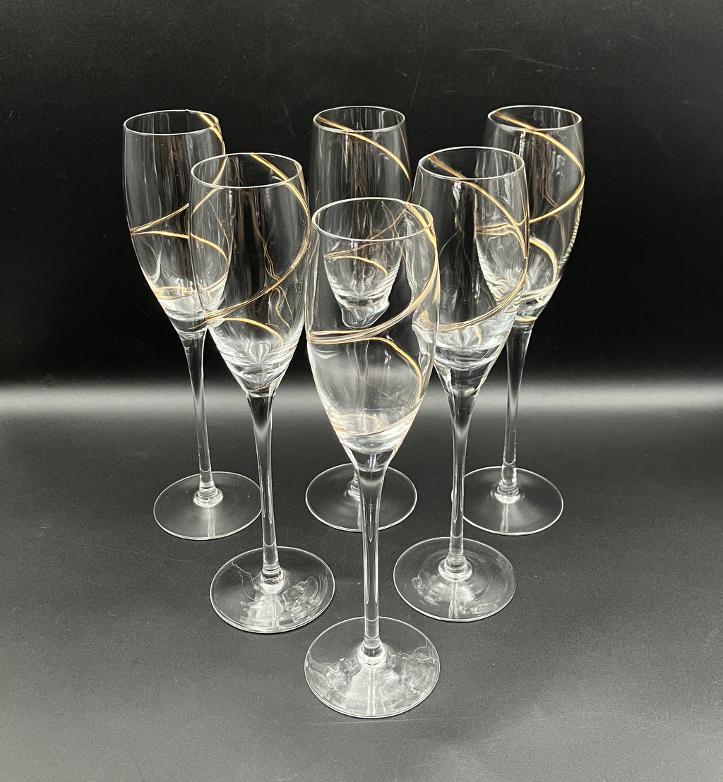 Kosta Boda Line Gold Anna Ehrner TULIP-SHAPE CHAMPAGNE FLUTE Glasses X 6