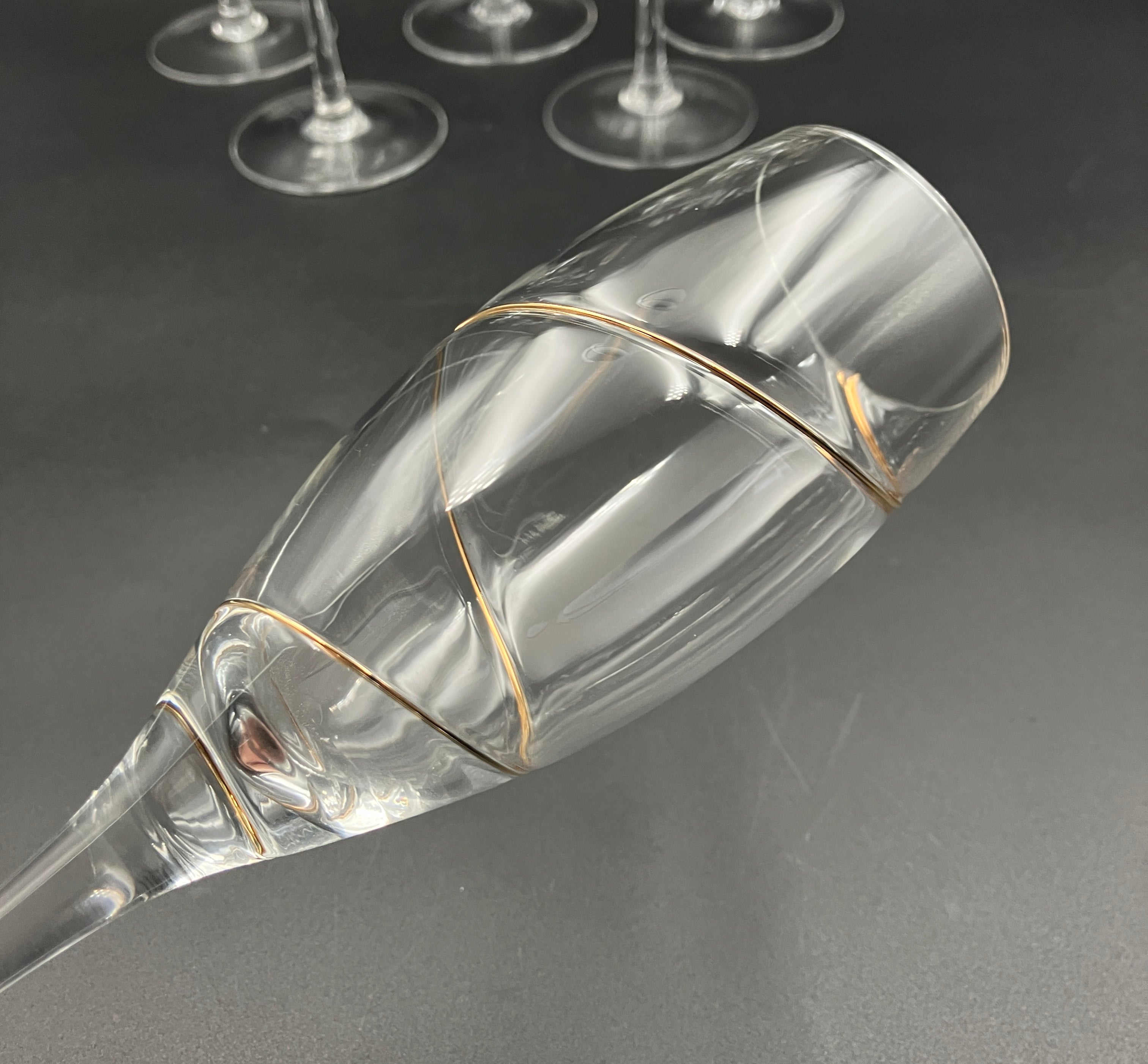Kosta Boda Line Gold Anna Ehrner TULIP-SHAPE CHAMPAGNE FLUTE Glasses X 6