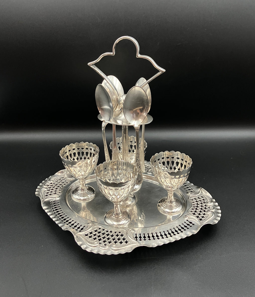 Vintage Silver Plated Egg Cup Set & Stand Service For Four