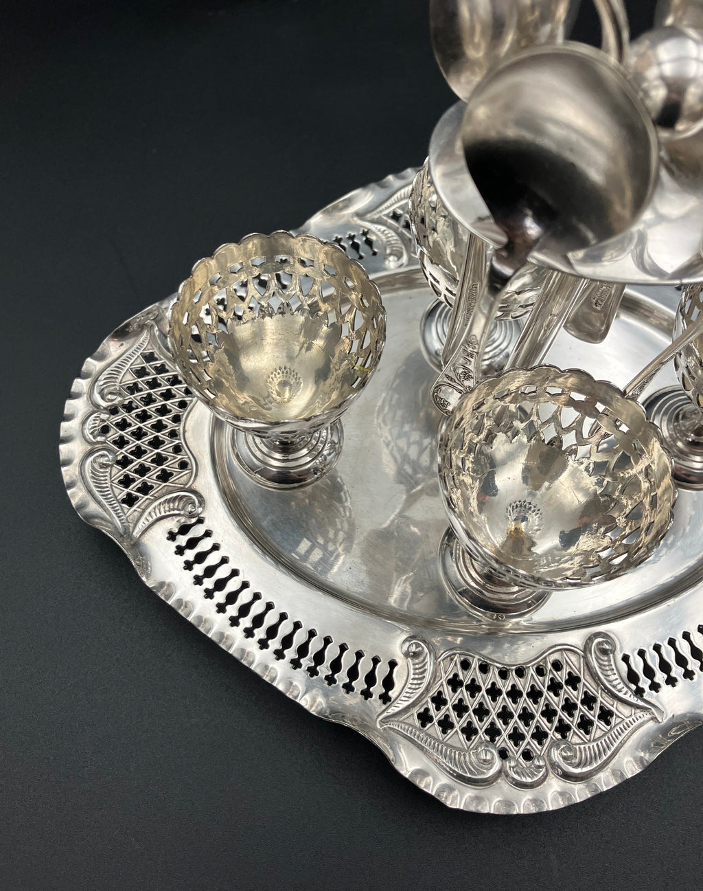 Vintage Silver Plated Egg Cup Set & Stand Service For Four