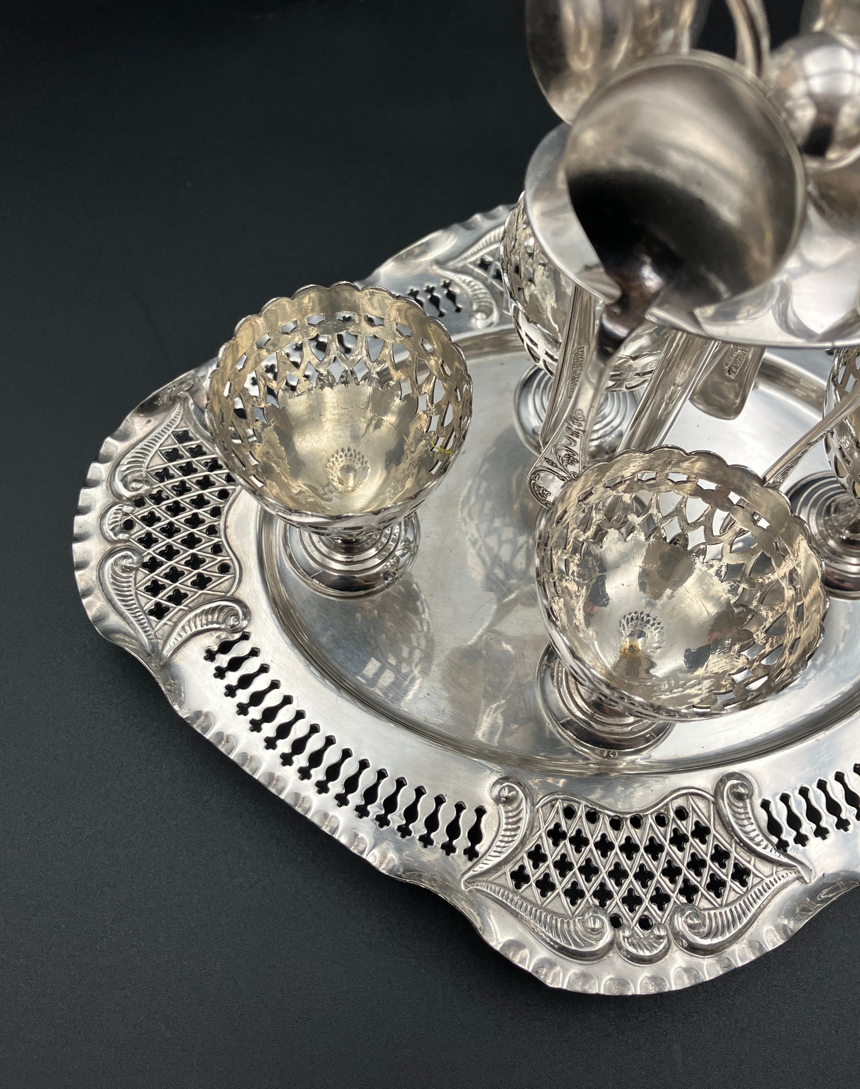 Vintage Silver Plated Egg Cup Set & Stand Service For Four