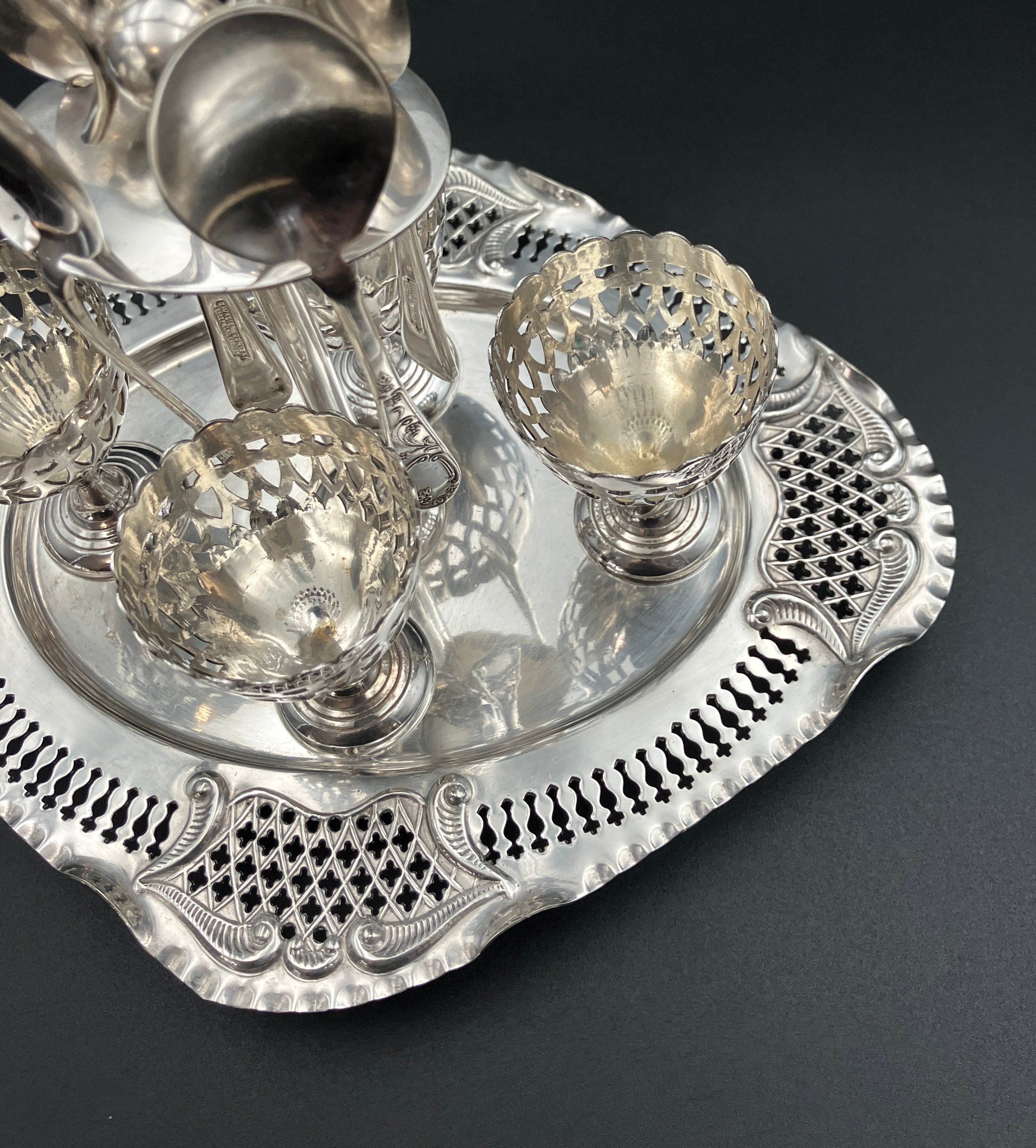 Vintage Silver Plated Egg Cup Set & Stand Service For Four