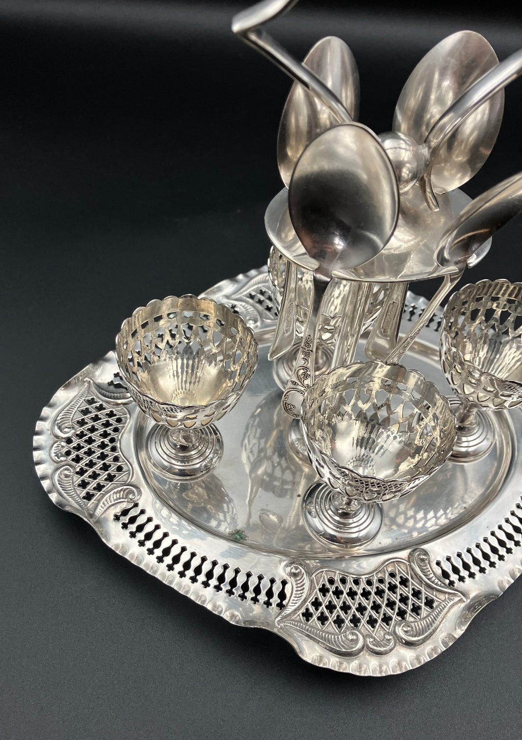 Vintage Silver Plated Egg Cup Set & Stand Service For Four