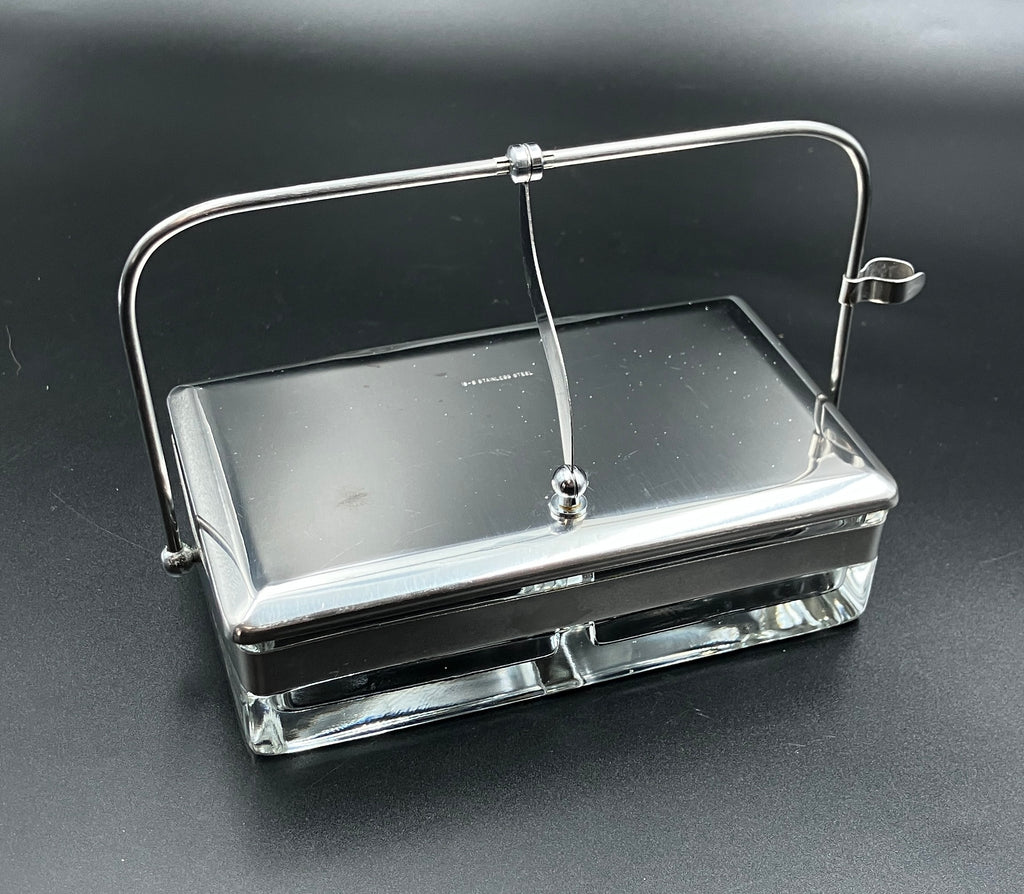 Vintage Condiment Bar Caddy – Hinged Lid Glass & Stainless Steel