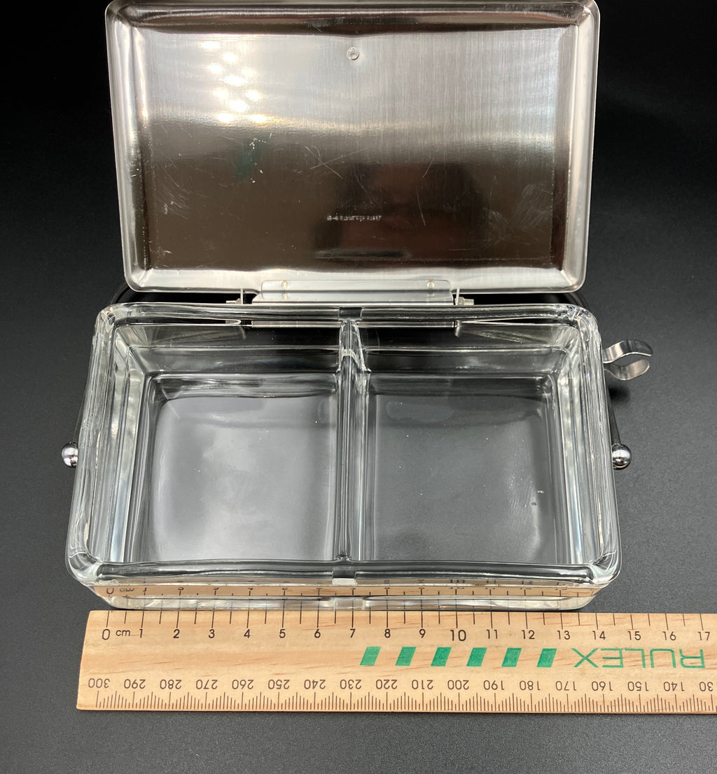 Vintage Condiment Bar Caddy – Hinged Lid Glass & Stainless Steel
