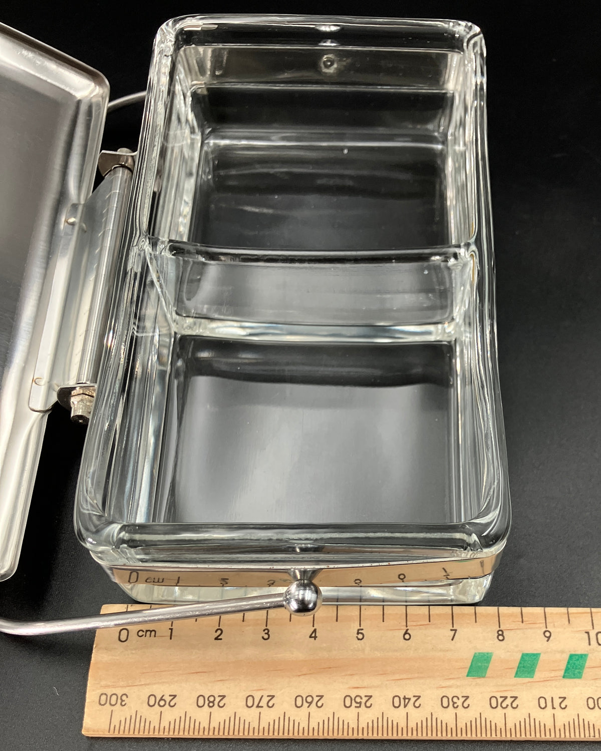 Vintage Condiment Bar Caddy – Hinged Lid Glass & Stainless Steel