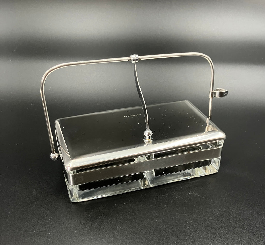 Vintage Condiment Bar Caddy – Hinged Lid Glass & Stainless Steel
