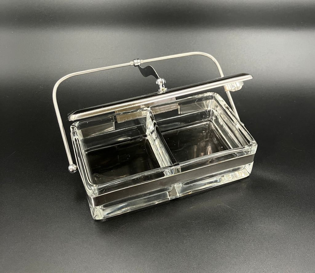 Vintage Condiment Bar Caddy – Hinged Lid Glass & Stainless Steel