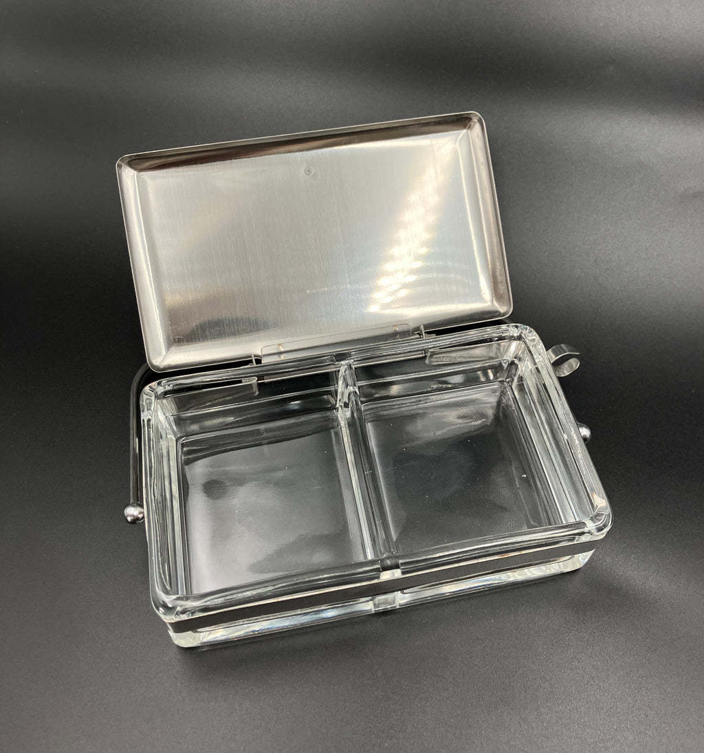 Vintage Condiment Bar Caddy – Hinged Lid Glass & Stainless Steel