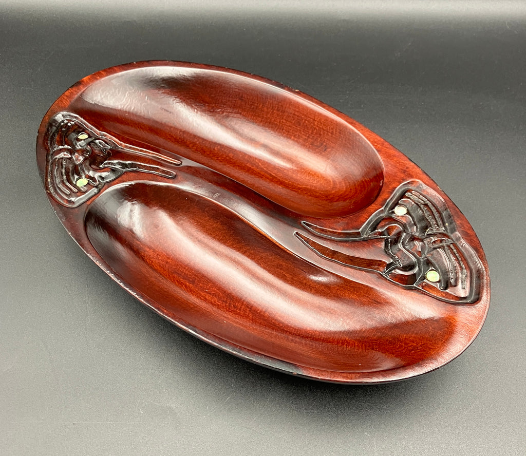 Vintage Māori Wooden Dish Carved Tiki & Paua Shell New Zealand