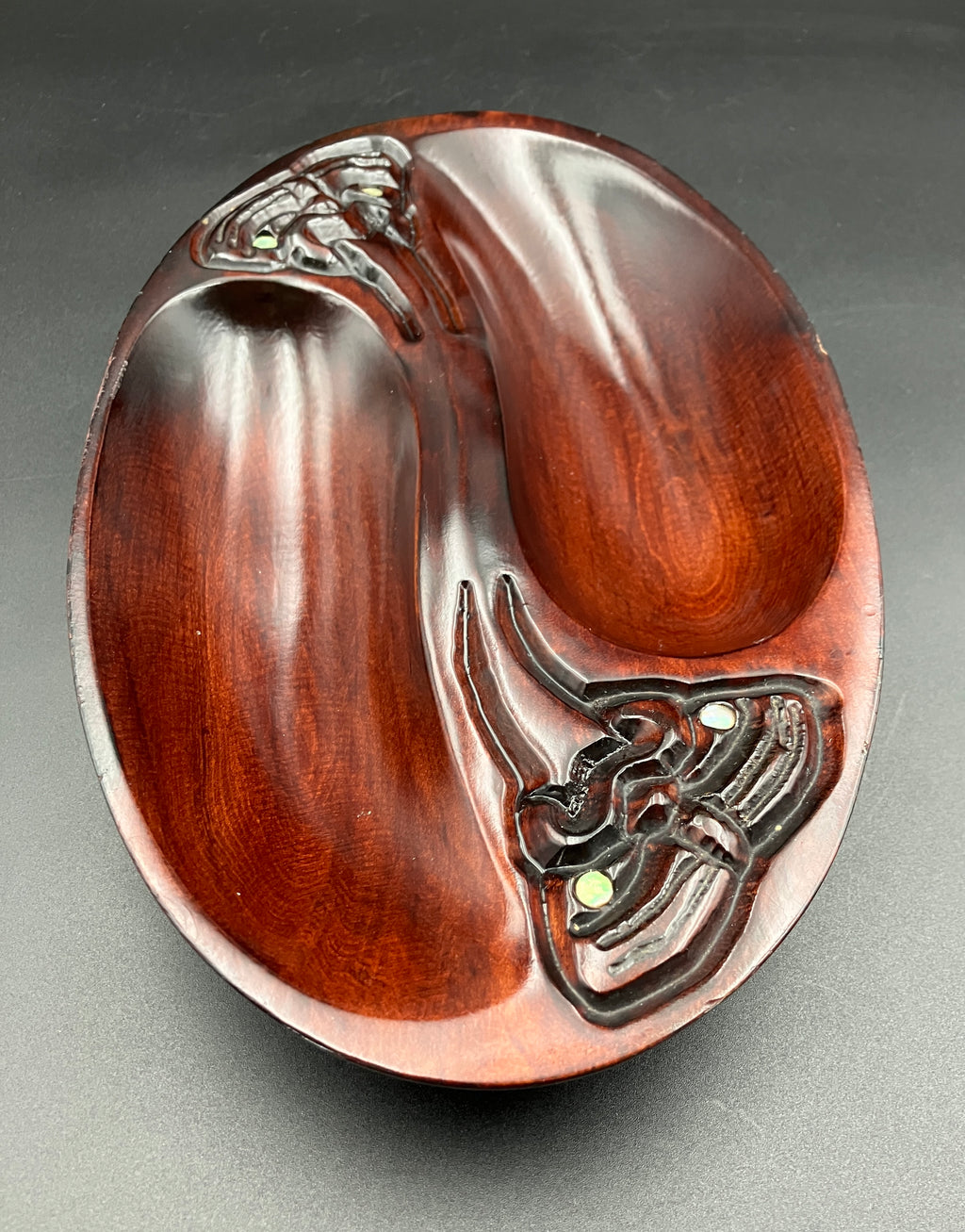 Vintage Māori Wooden Dish Carved Tiki & Paua Shell New Zealand