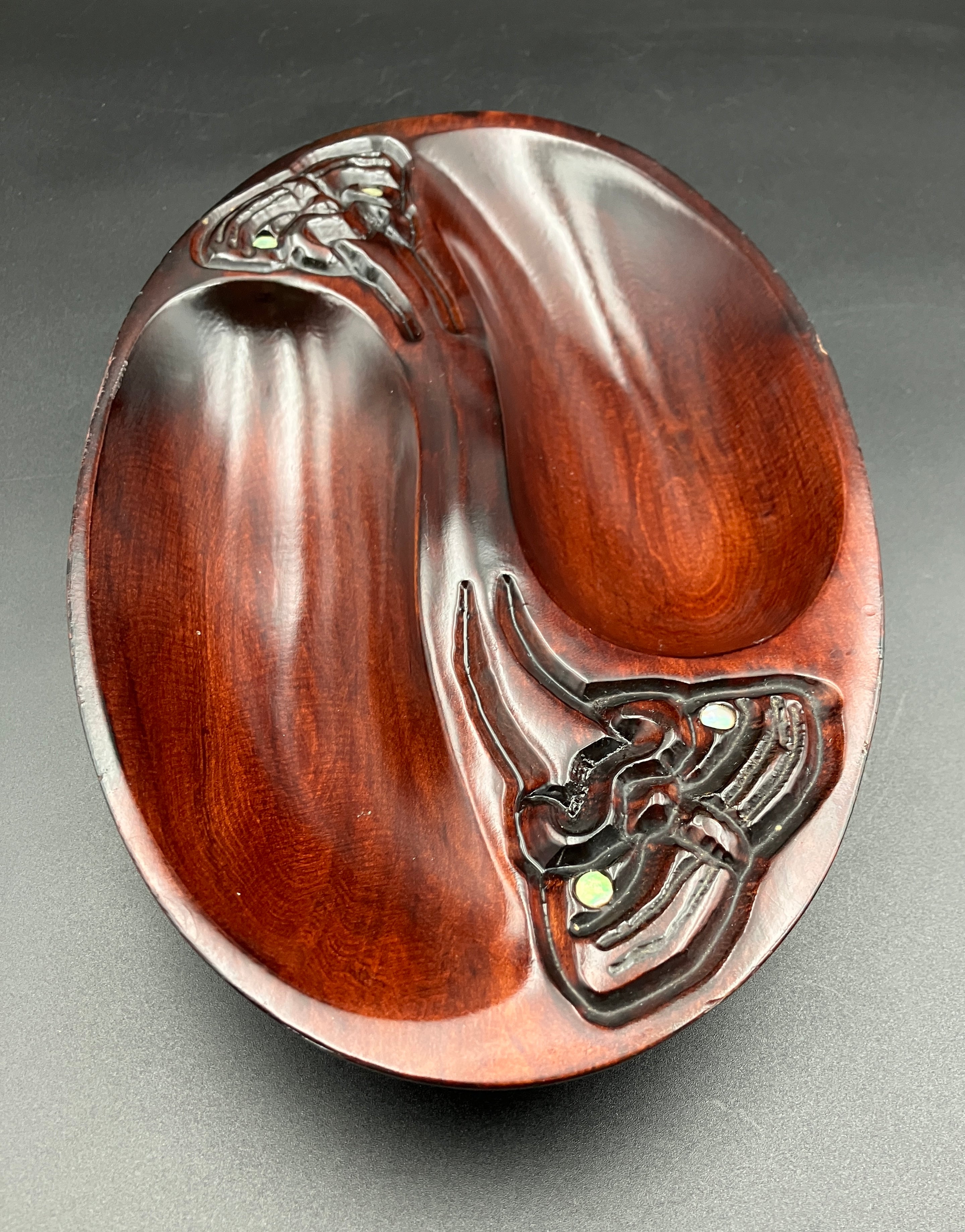 Vintage Māori Wooden Dish Carved Tiki & Paua Shell New Zealand