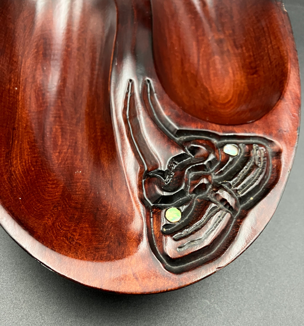 Vintage Māori Wooden Dish Carved Tiki & Paua Shell New Zealand